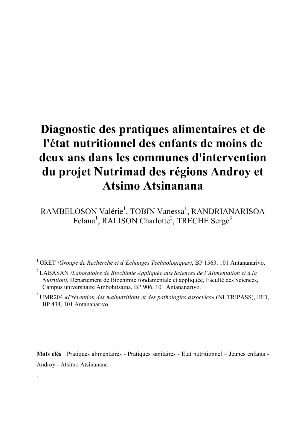 Diagnostic Des Pratiques Alimentaires Et De L'état Nutritionnel Des Enfants