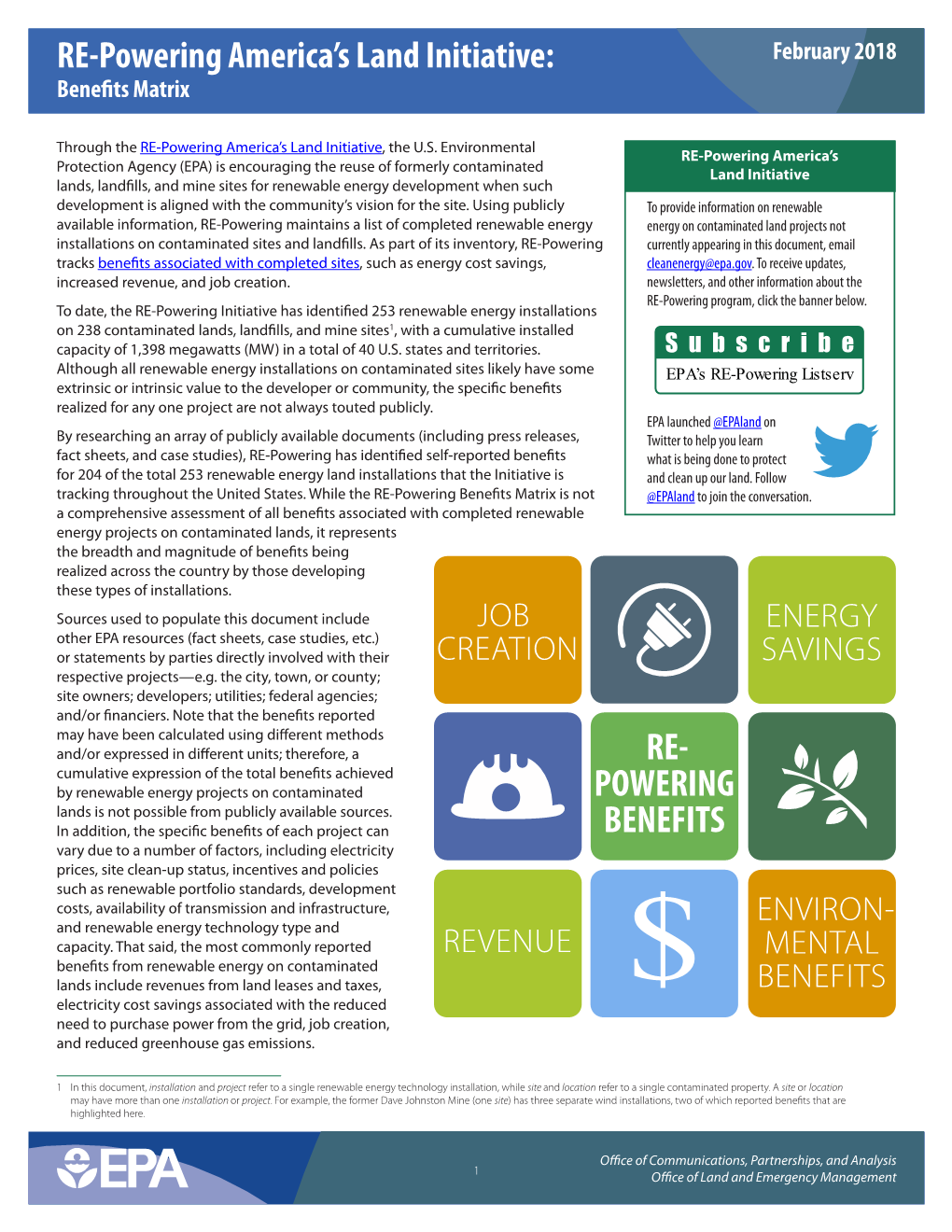 RE-Powering America's Land Initiative: Benefits Matrix, February 2018