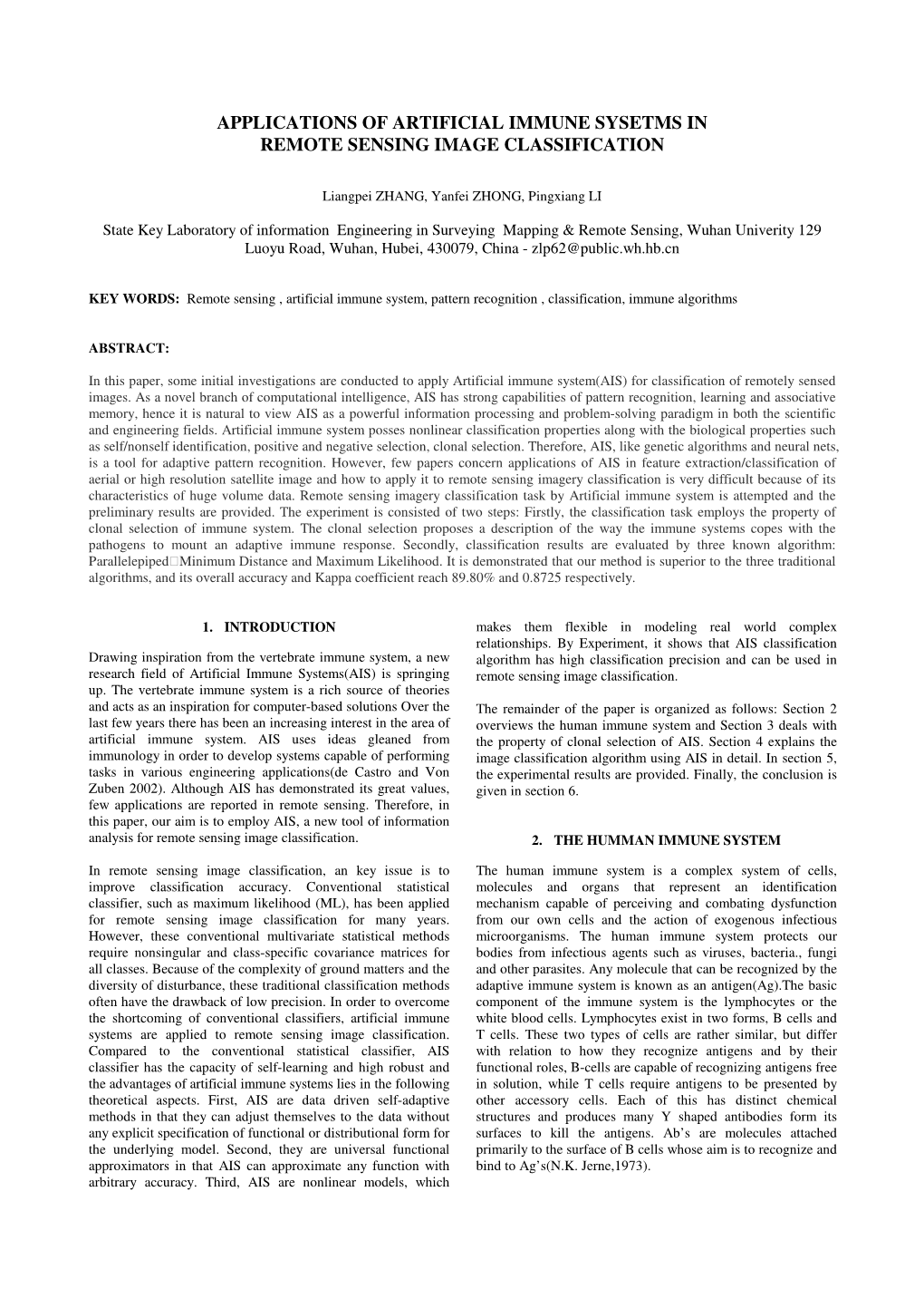 Applications of Artificial Immune Sysetms in Remote Sensing Image Classification