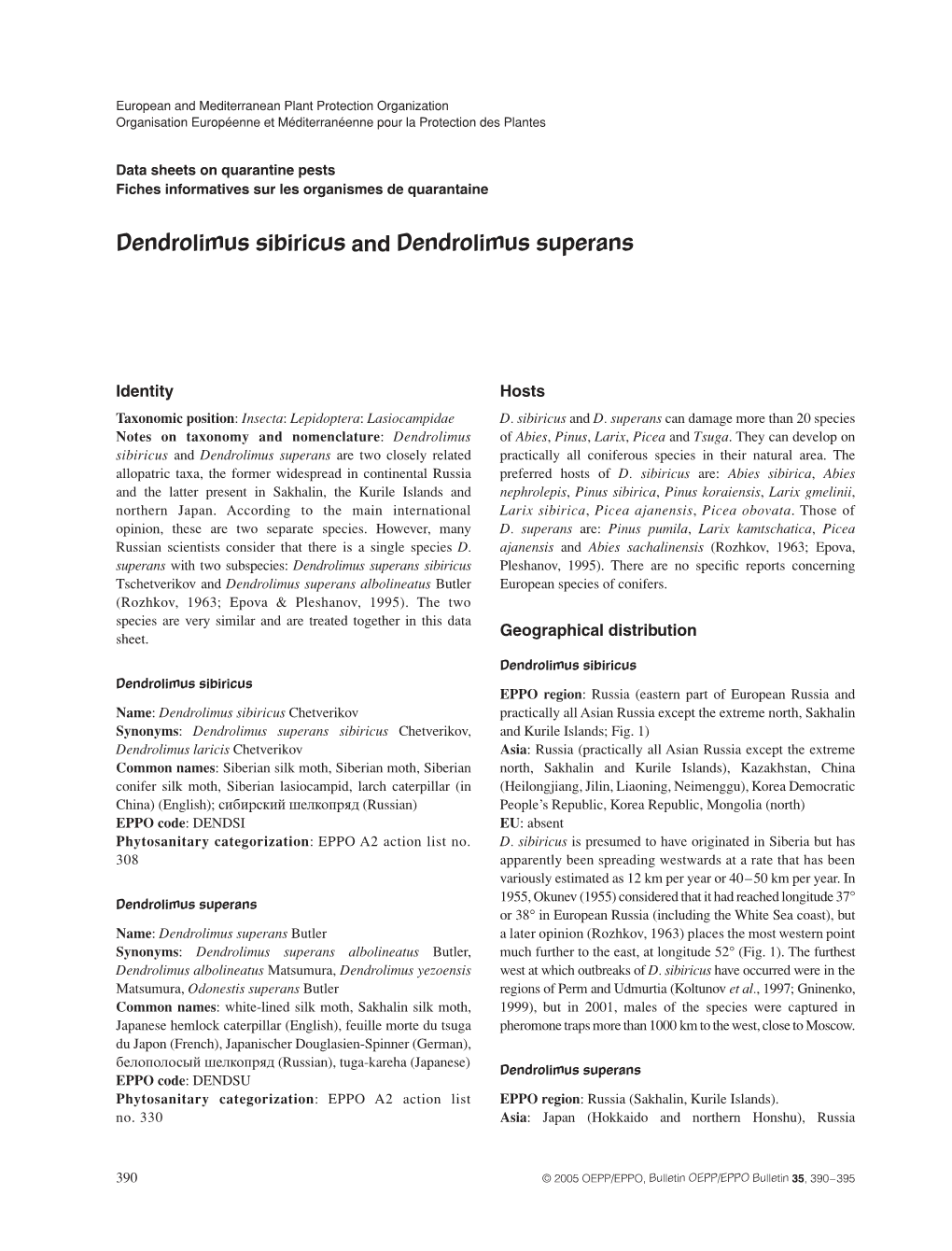 Data Sheet on Dendrolimus Sibiricus and Dendrolimus Superans