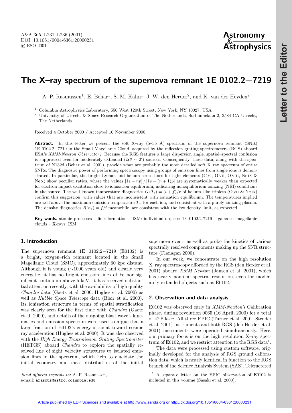 The X-Ray Spectrum of the Supernova Remnant 1E 0102.2-7219