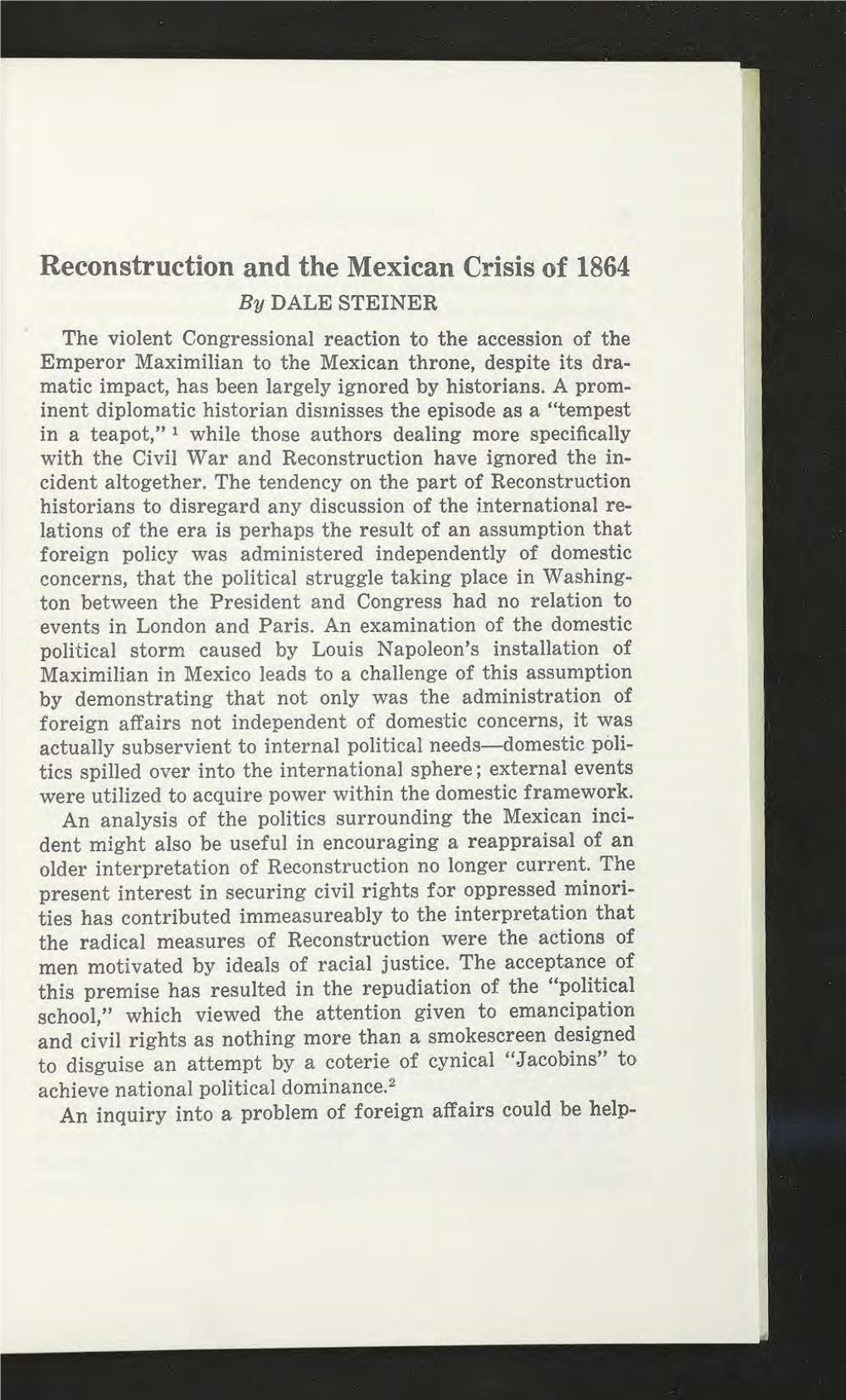 Reconstruction and the Mexican Crisis of 1864