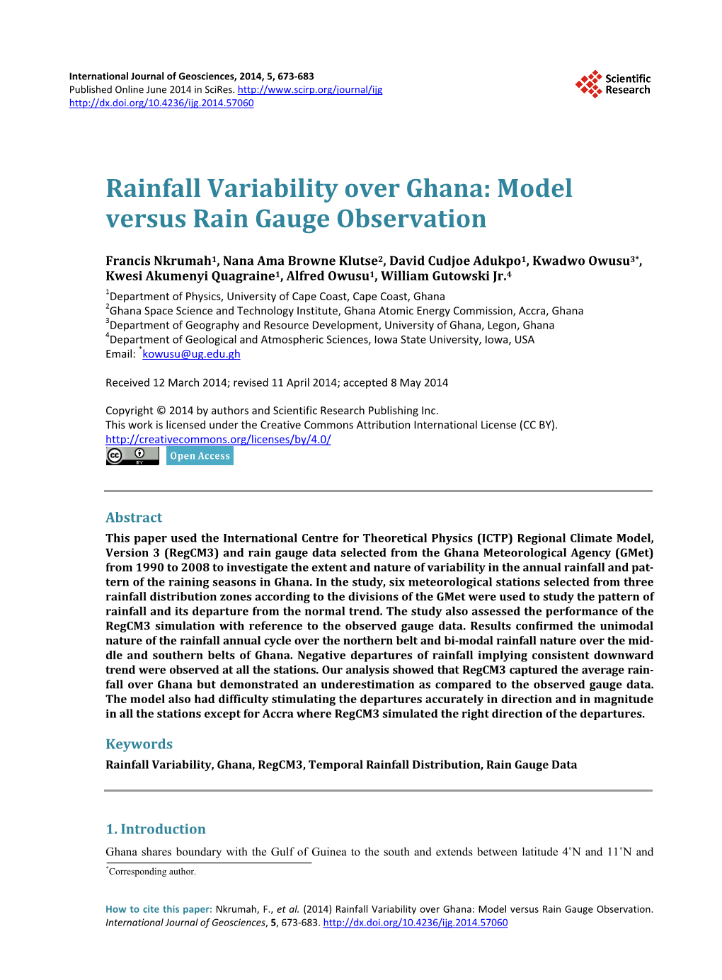 Rainfall Variability Over Ghana: Model Versus Rain Gauge Observation