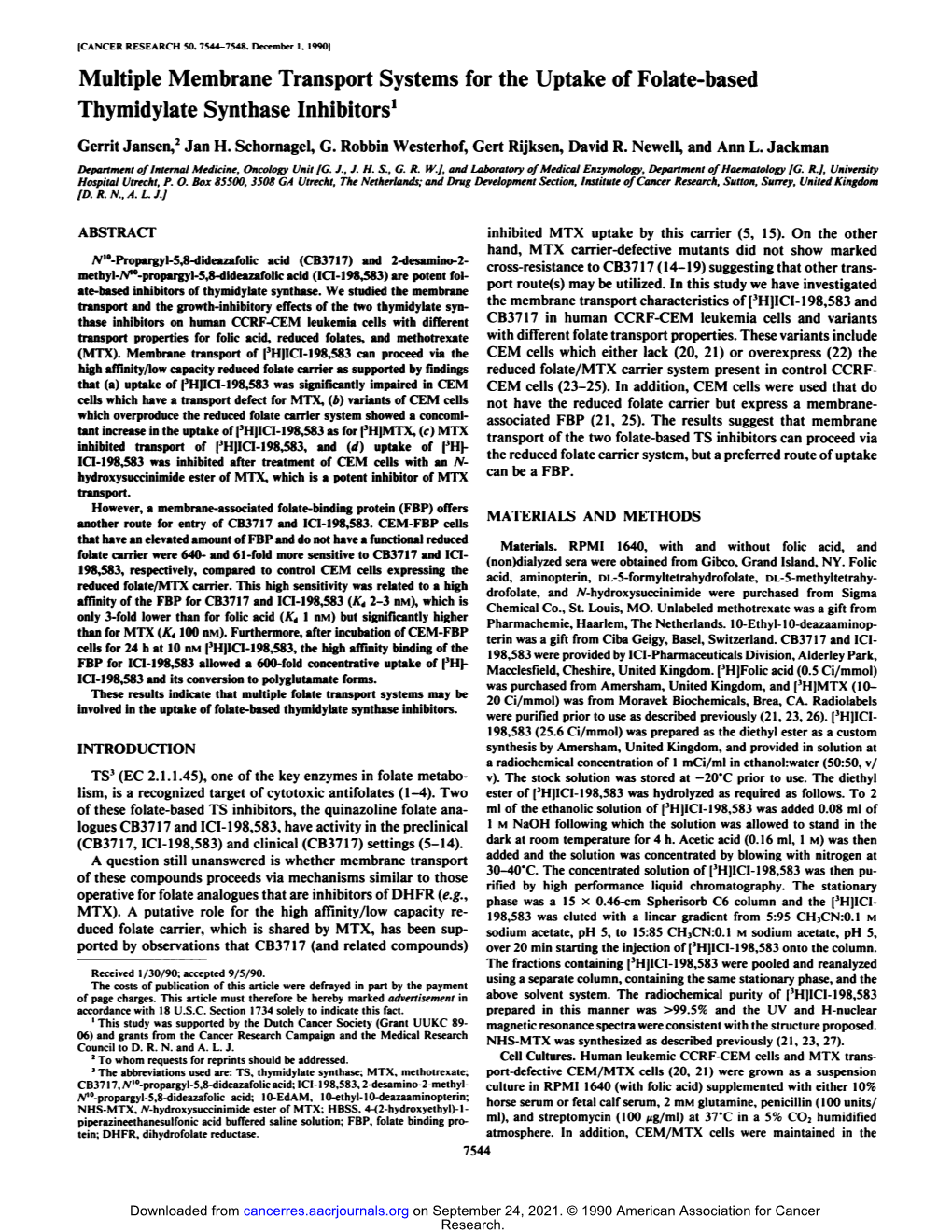 Multiple Membrane Transport Systems for the Uptake of Folate-Based Thymidylate Synthase Inhibitors'