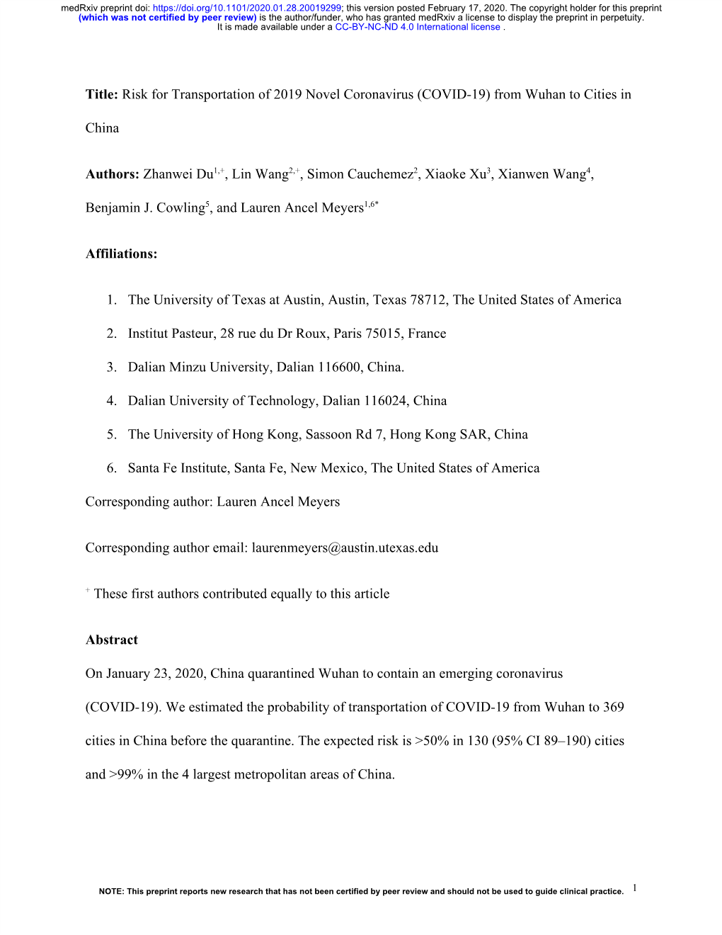 Risk for Transportation of 2019 Novel Coronavirus (COVID-19) from Wuhan to Cities in ​ China