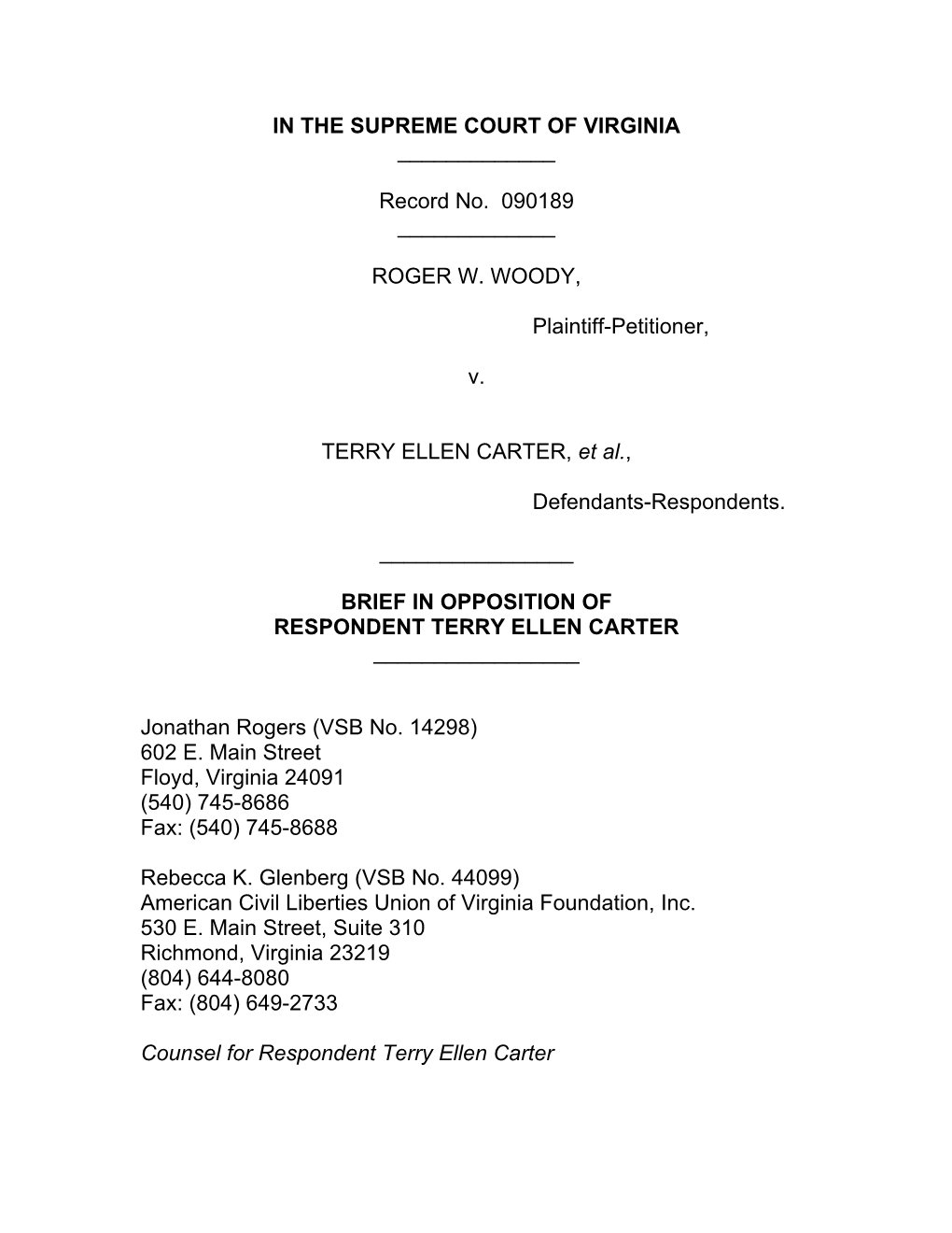 Record No. 090189 ___ROGER W. WOODY, Plaintiff-Petitioner, V. TERRY E