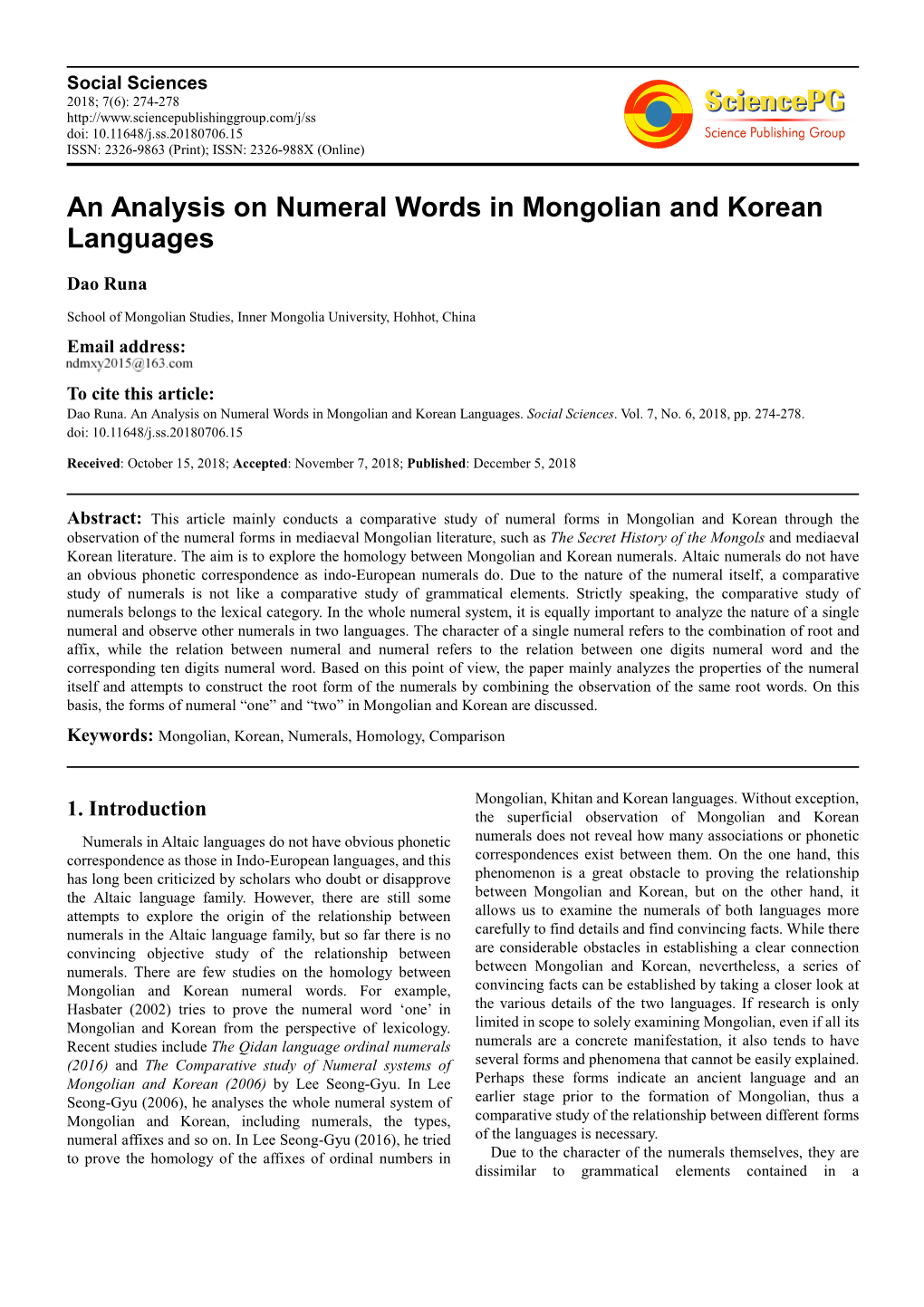 An Analysis on Numeral Words in Mongolian and Korean Languages