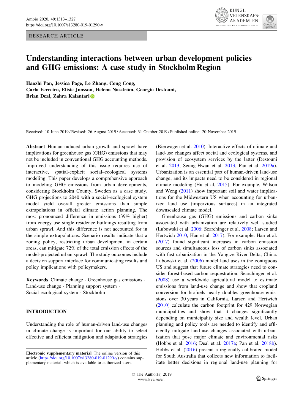 Understanding Interactions Between Urban Development Policies and GHG Emissions: a Case Study in Stockholm Region