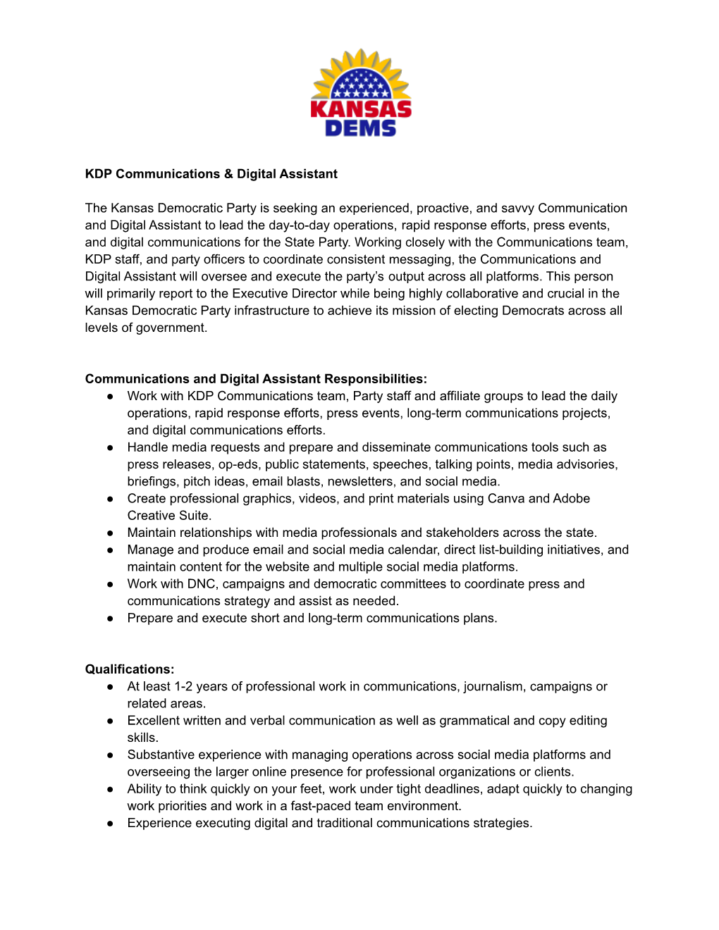 KDP Communications Assistant Job Description