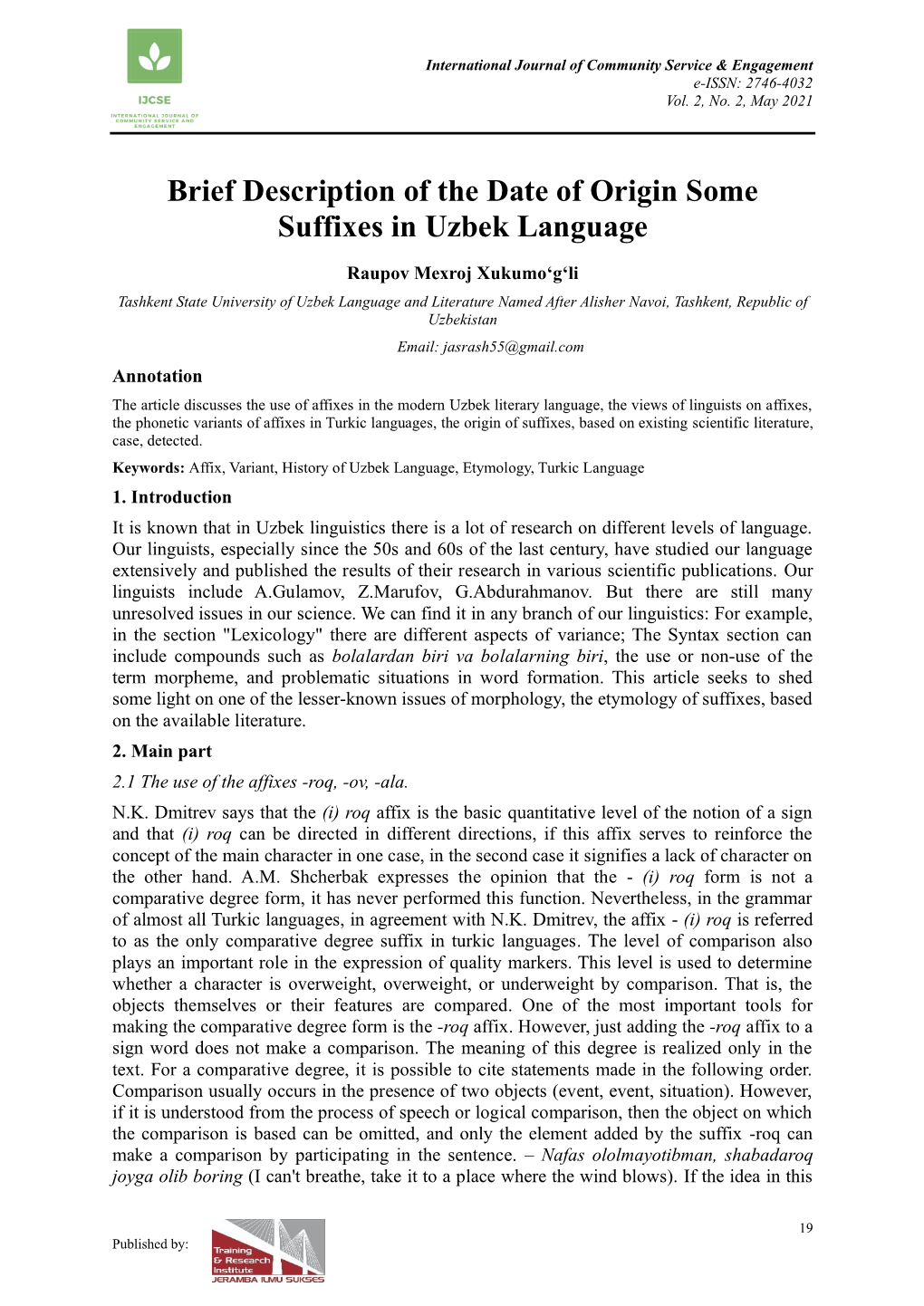 Brief Description of the Date of Origin Some Suffixes in Uzbek Language