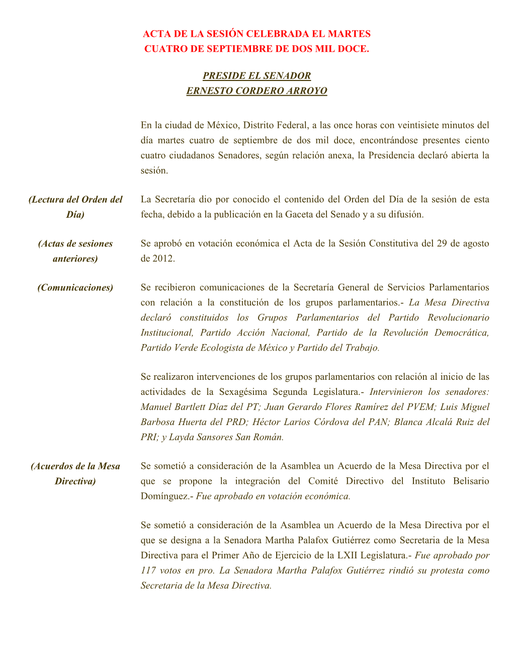 Acta De La Sesión Celebrada El Martes Cuatro De Septiembre De Dos Mil Doce