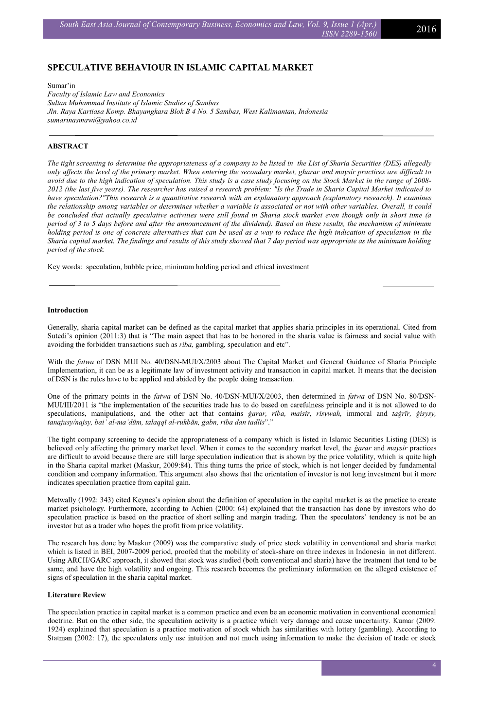 Speculative Behaviour in Islamic Capital Market