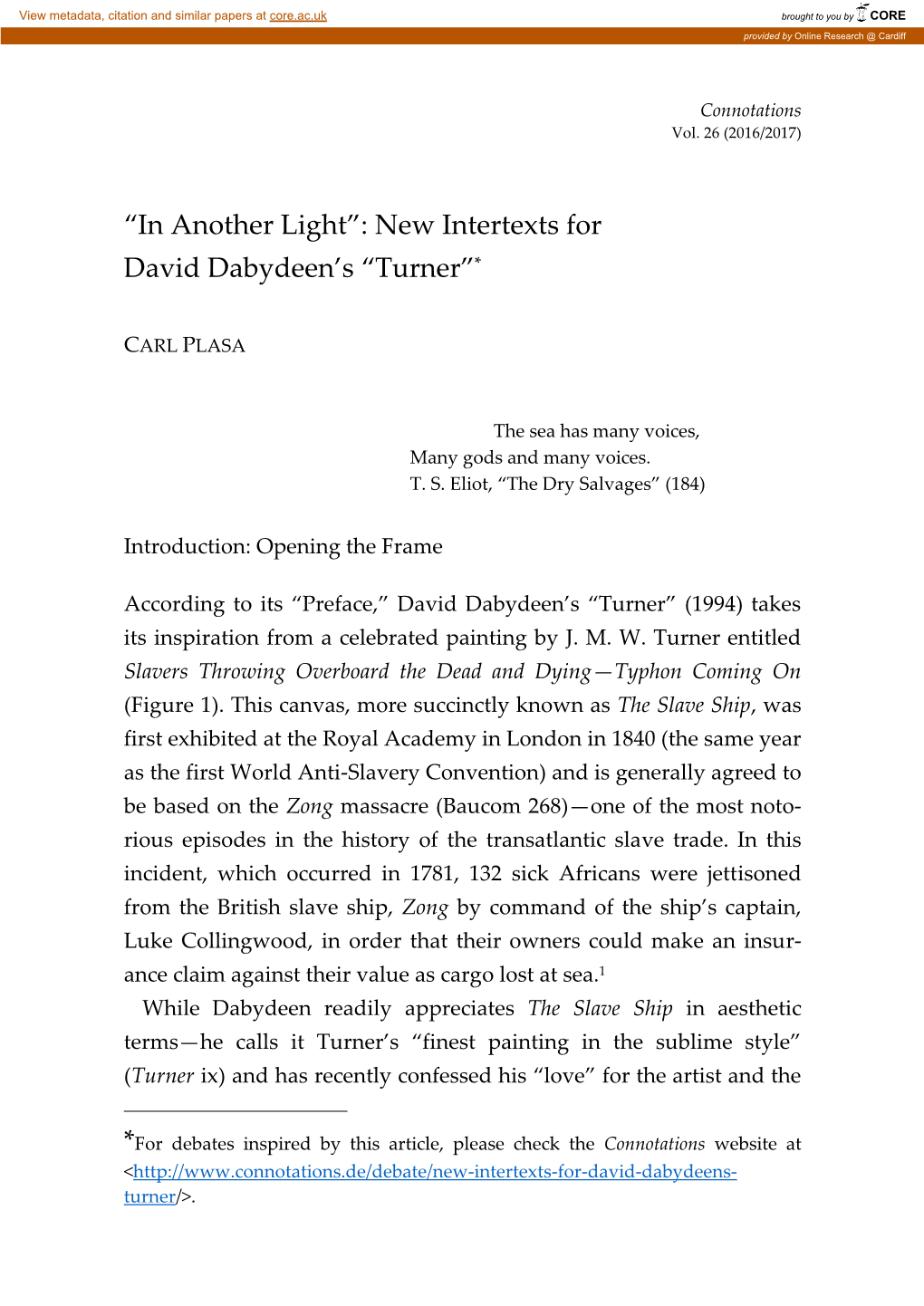 “In Another Light”: New Intertexts for David Dabydeen's “Turner”*