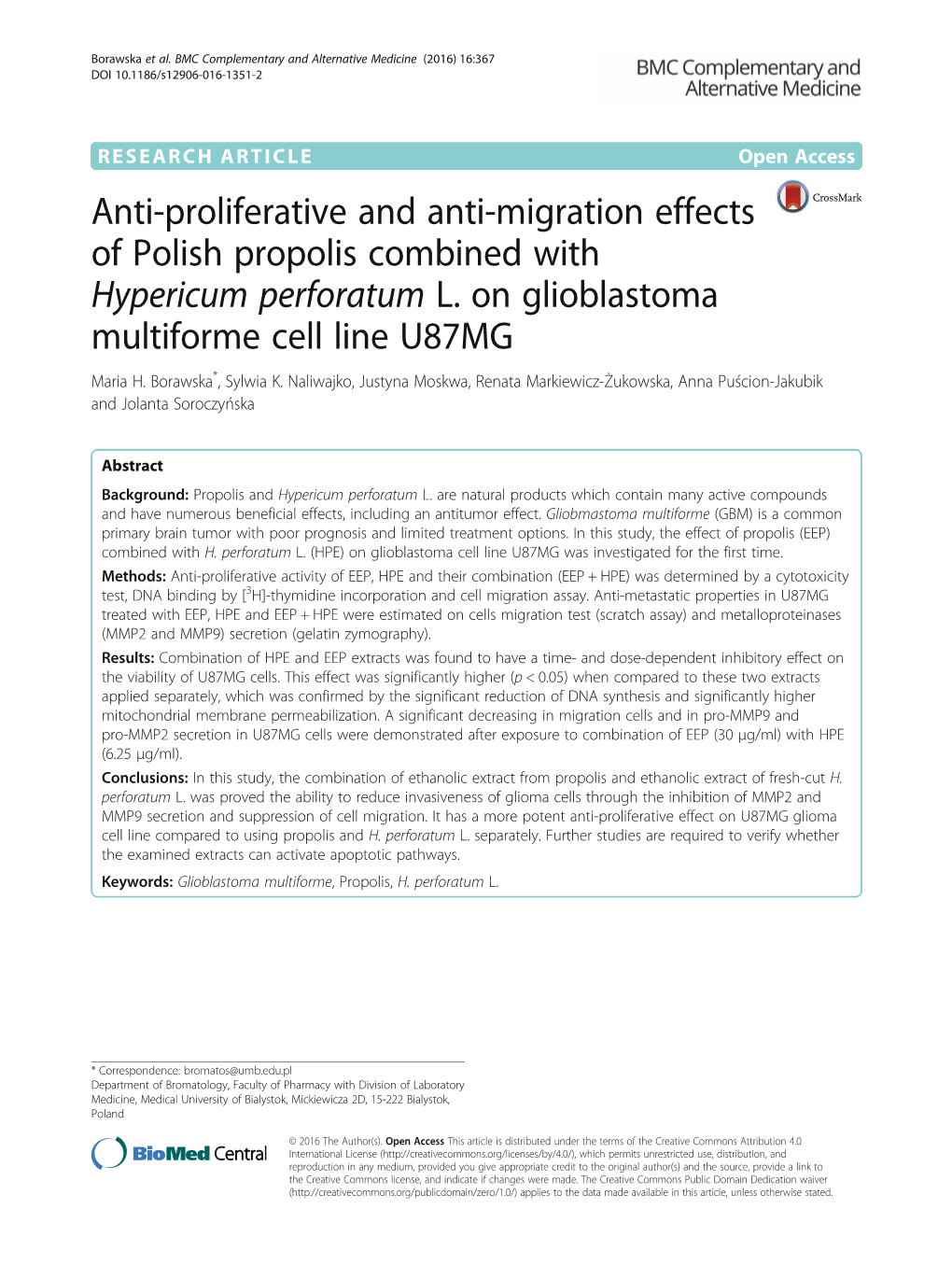 Anti-Proliferative and Anti-Migration Effects of Polish Propolis Combined with Hypericum Perforatum L