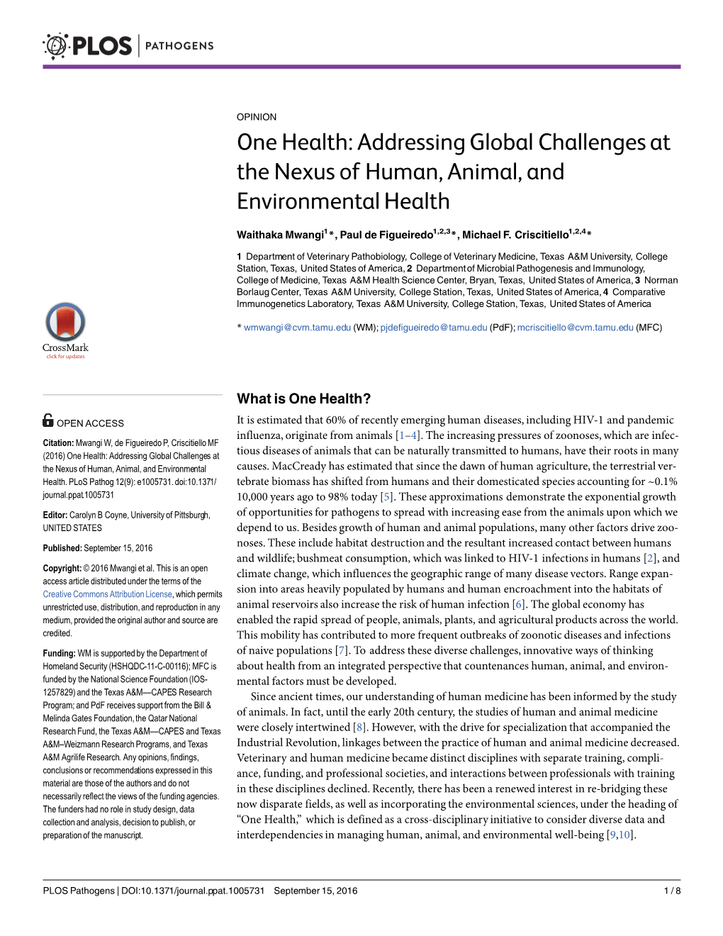 Addressing Global Challenges at the Nexus of Human, Animal, and Environmental Health