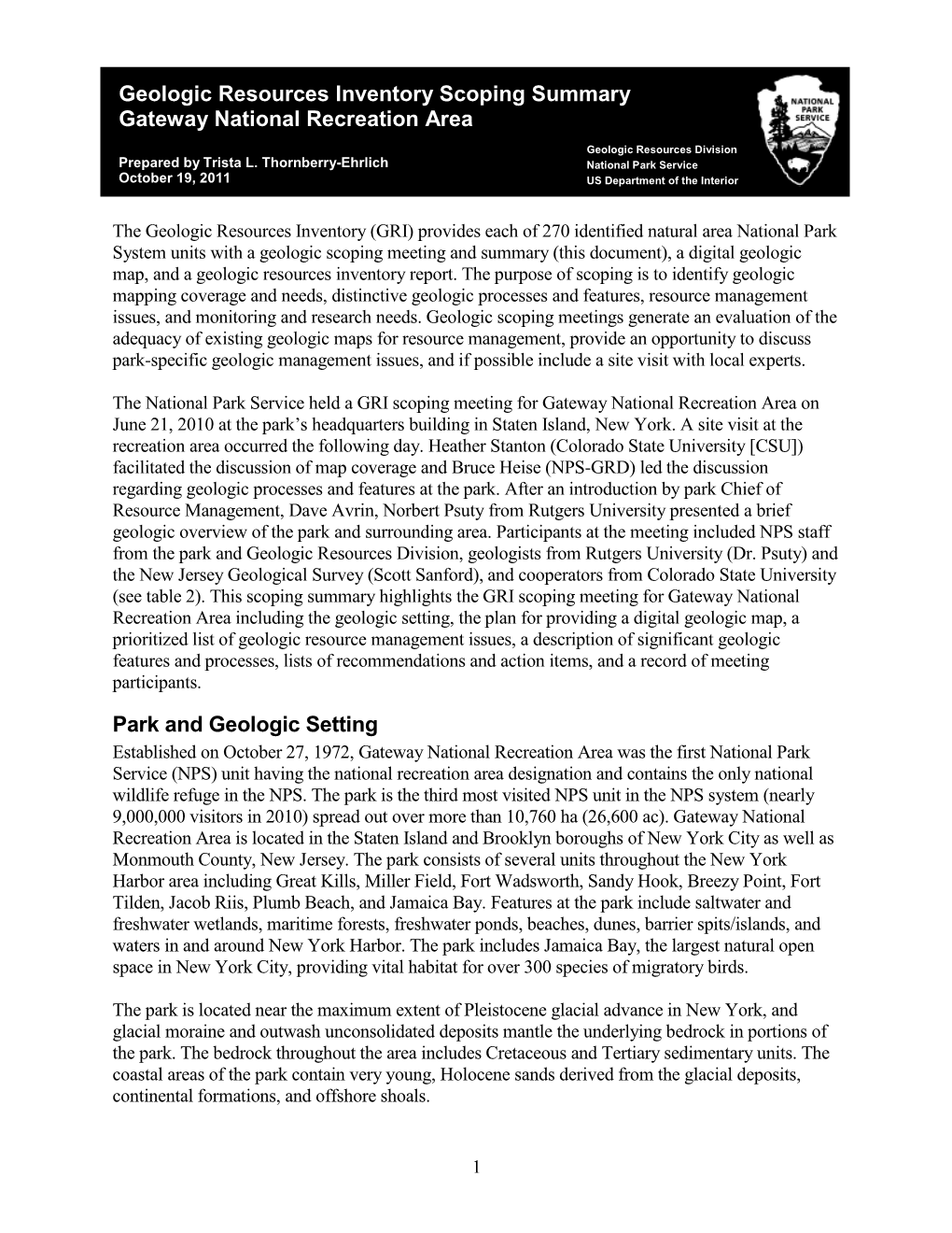 Geologic Resources Inventory Scoping Summary Gateway National Recreation Area