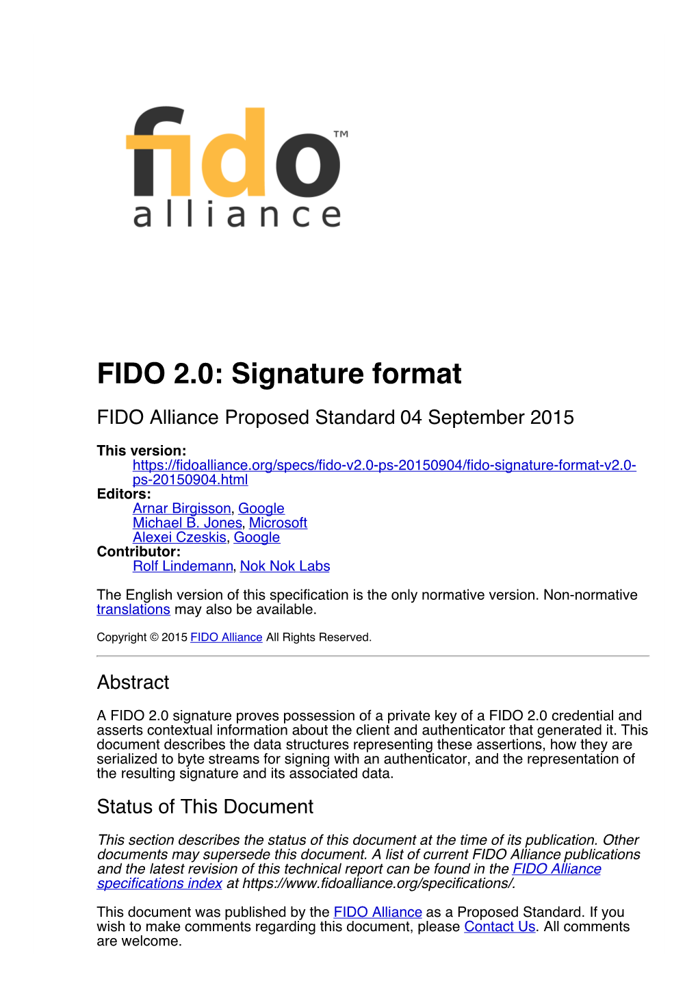 Signature Format FIDO Alliance Proposed Standard 04 September 2015