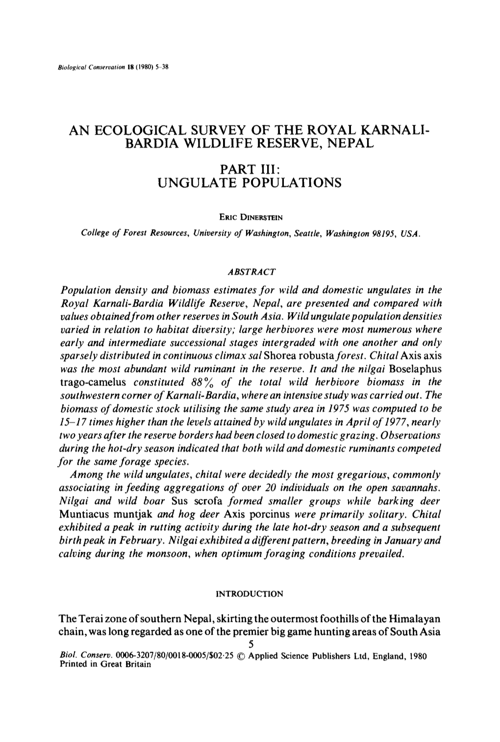 An Ecological Survey of the Royal Karnali- Bardia Wildlife Reserve, Nepal