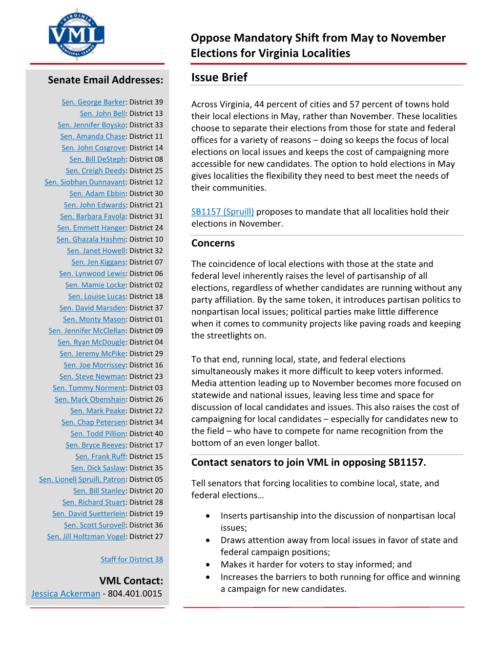 Oppose Mandatory Shift from May to November Elections for Virginia Localities Issue Brief