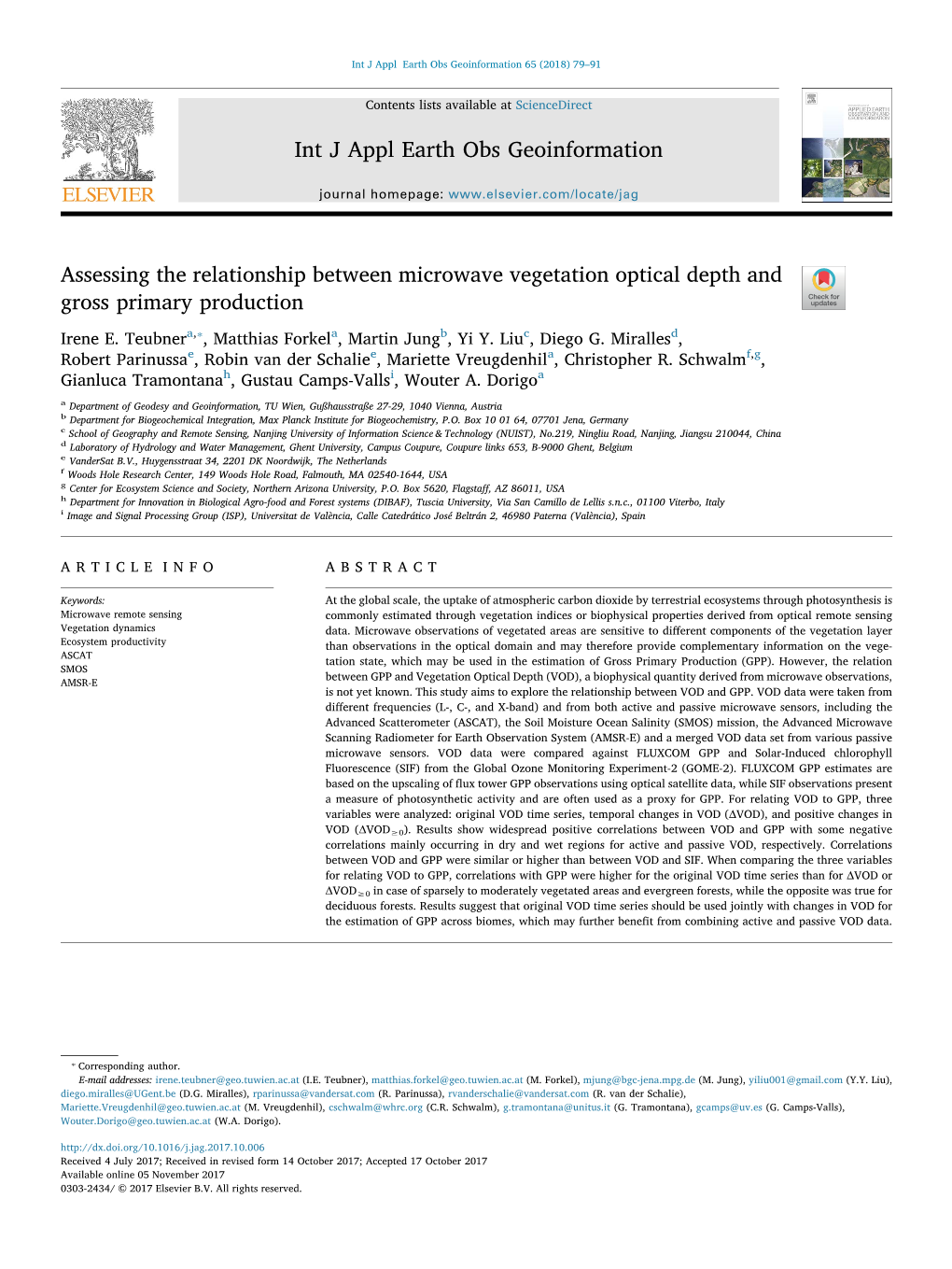 Assessing the Relationship Between Microwave Vegetation Optical Depth and T Gross Primary Production ⁎ Irene E