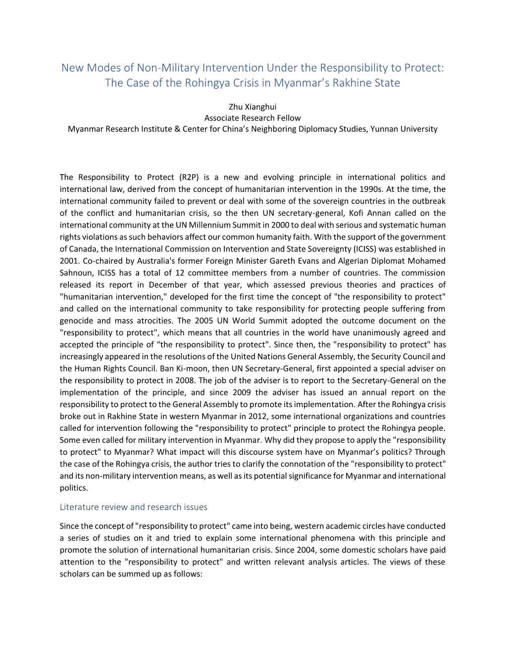 New Modes of Non-Military Intervention Under the Responsibility to Protect: the Case of the Rohingya Crisis in Myanmar’S Rakhine State