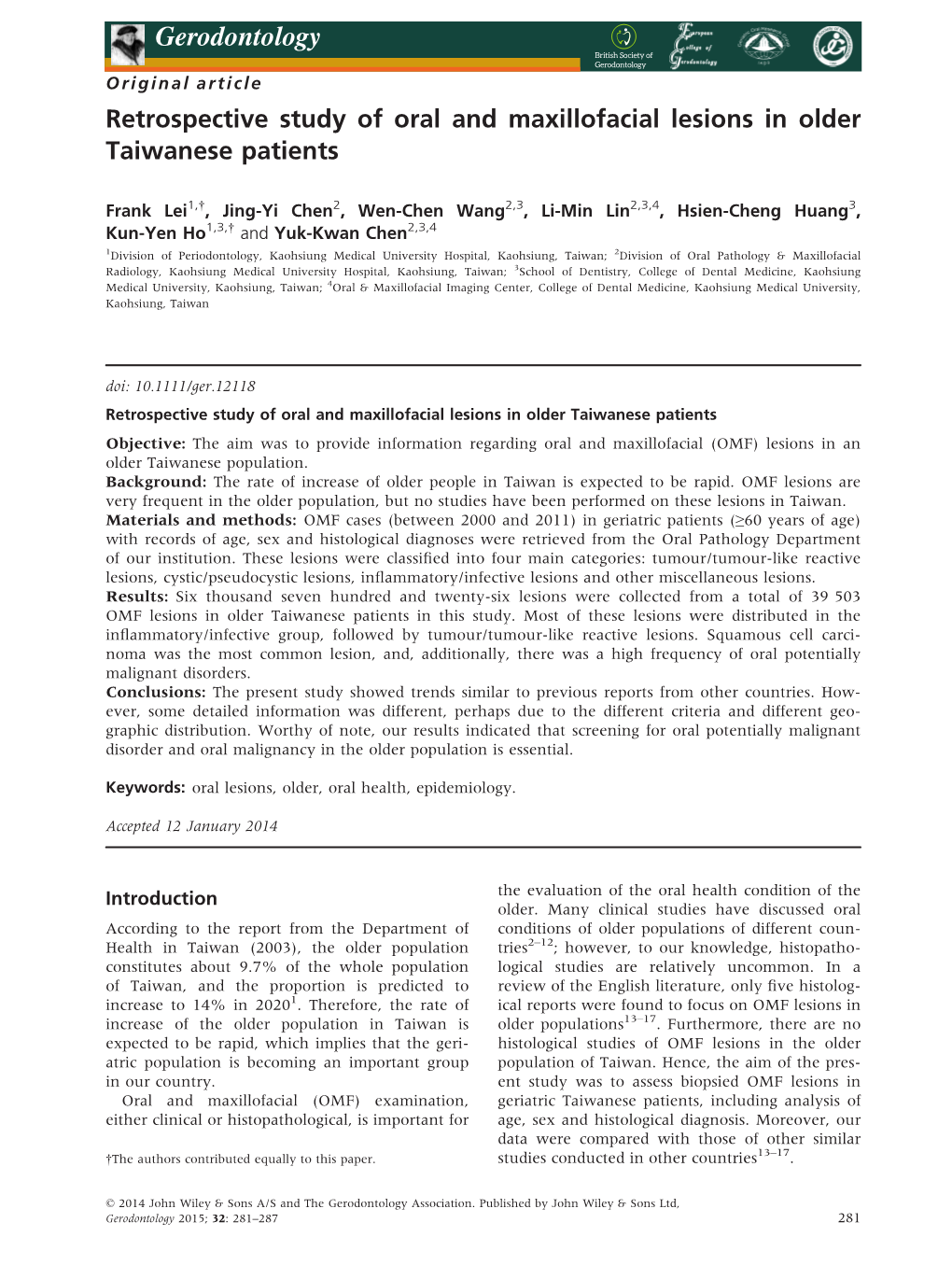 Retrospective Study of Oral and Maxillofacial Lesions in Older Taiwanese Patients