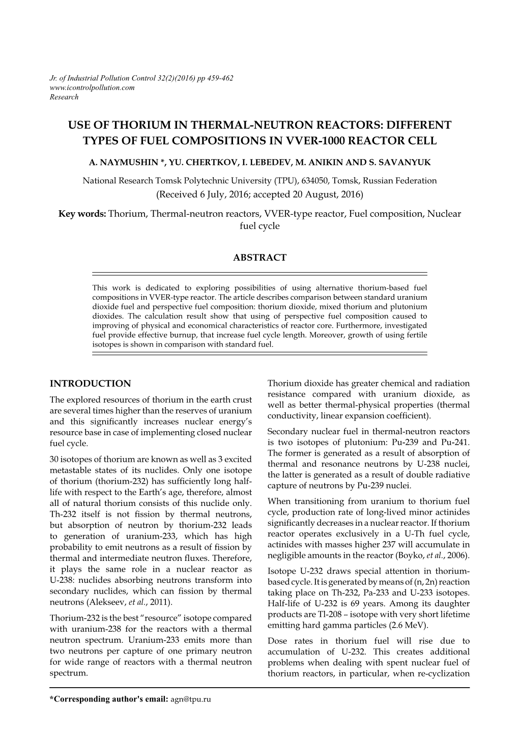 Use of Thorium in Thermal-Neutron Reactors: Different Types of Fuel Compositions in Vver-1000 Reactor Cell