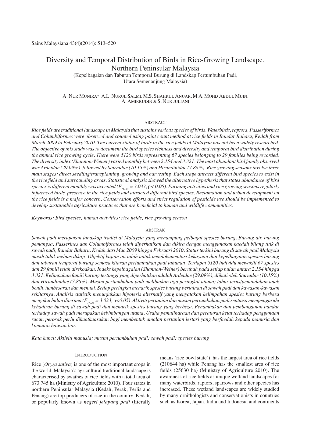 Diversity and Temporal Distribution of Birds in Rice-Growing