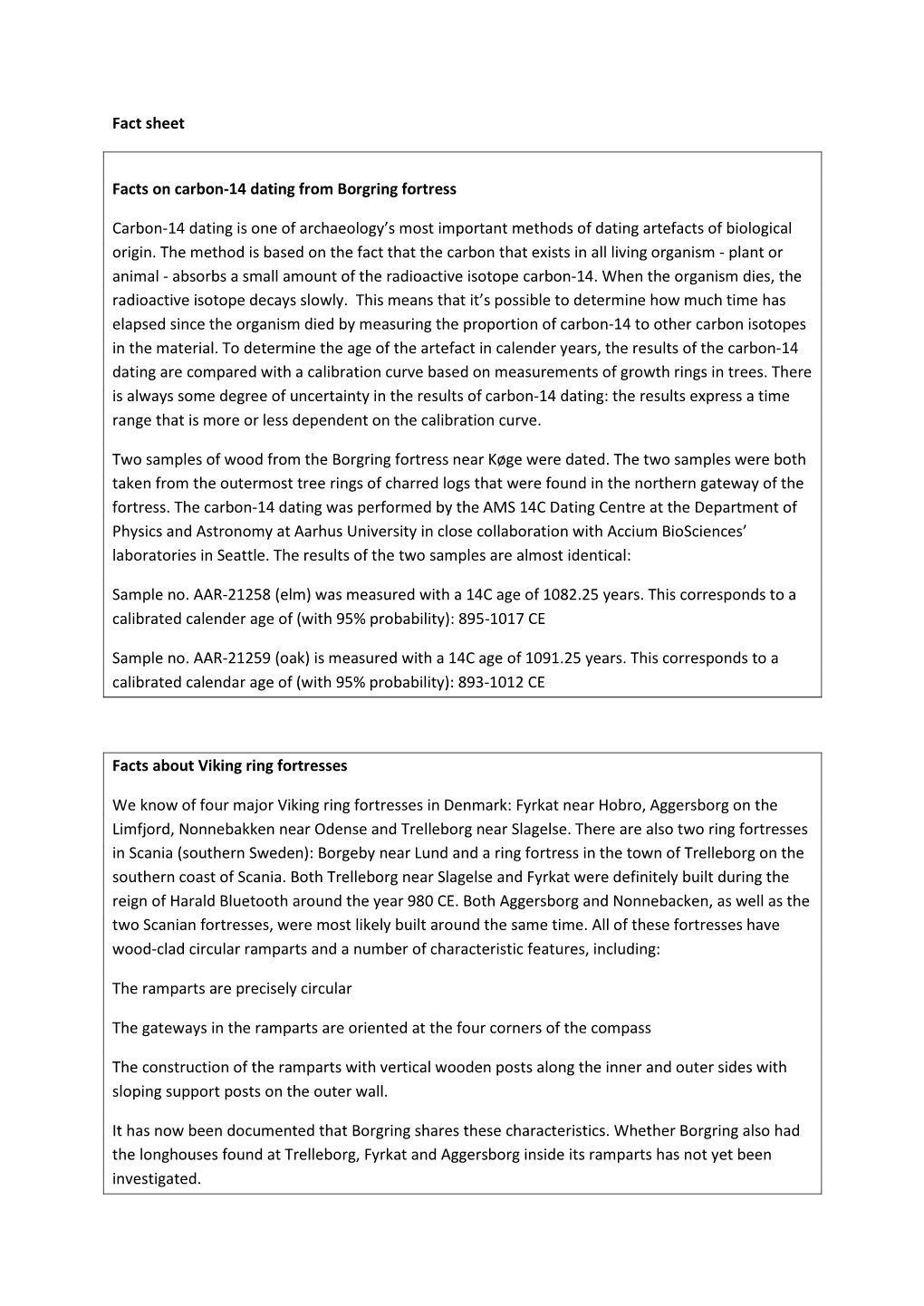 Fact Sheet Facts on Carbon-14 Dating from Borgring Fortress Carbon-14