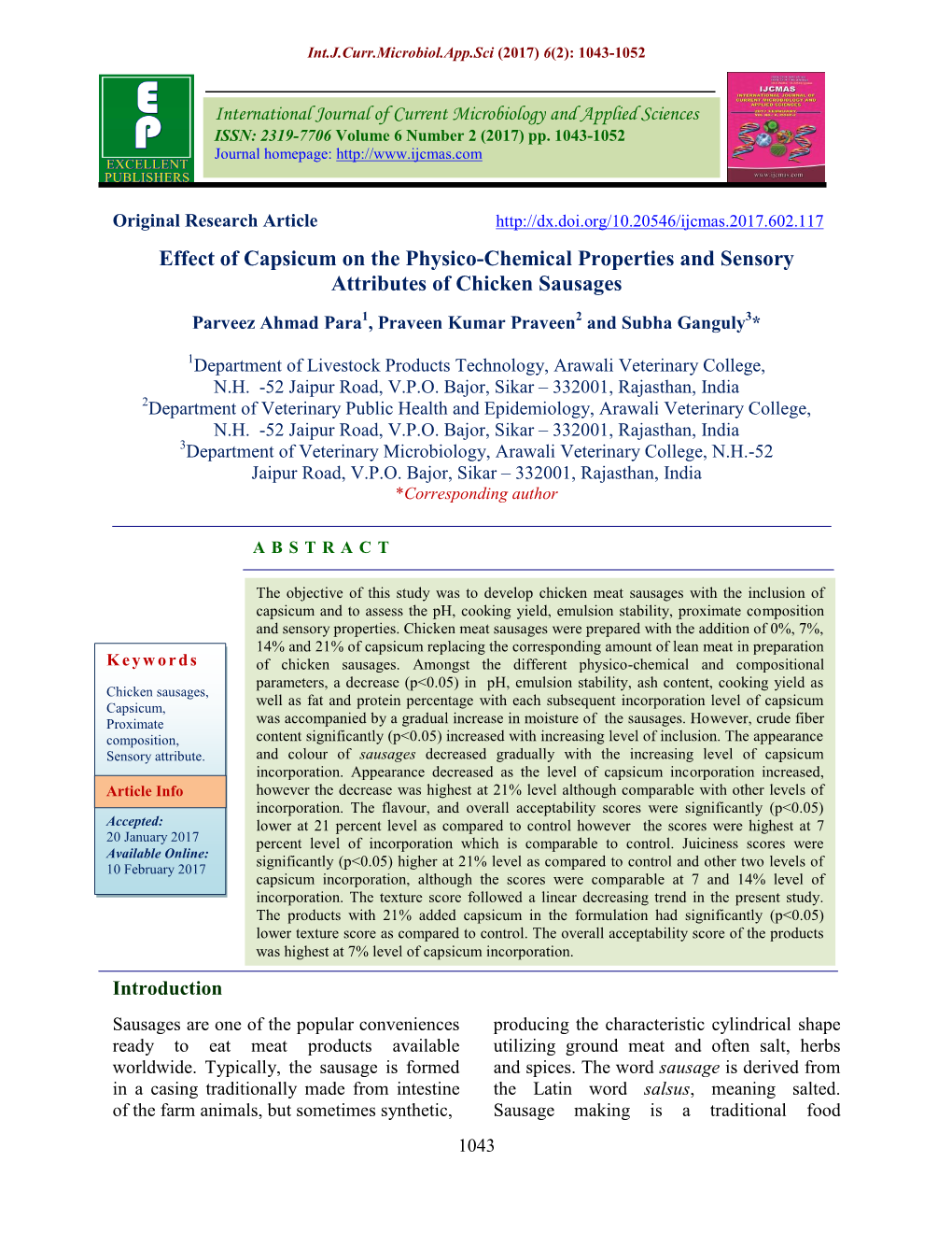 Effect of Capsicum on the Physico-Chemical Properties and Sensory Attributes of Chicken Sausages