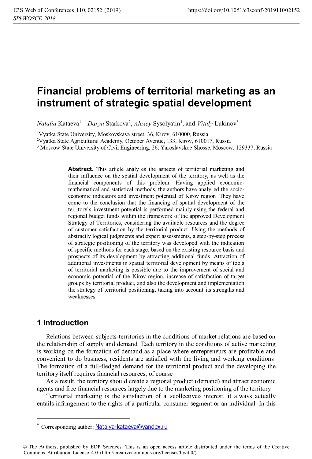 Financial Problems of Territorial Marketing As an Instrument of Strategic Spatial Development