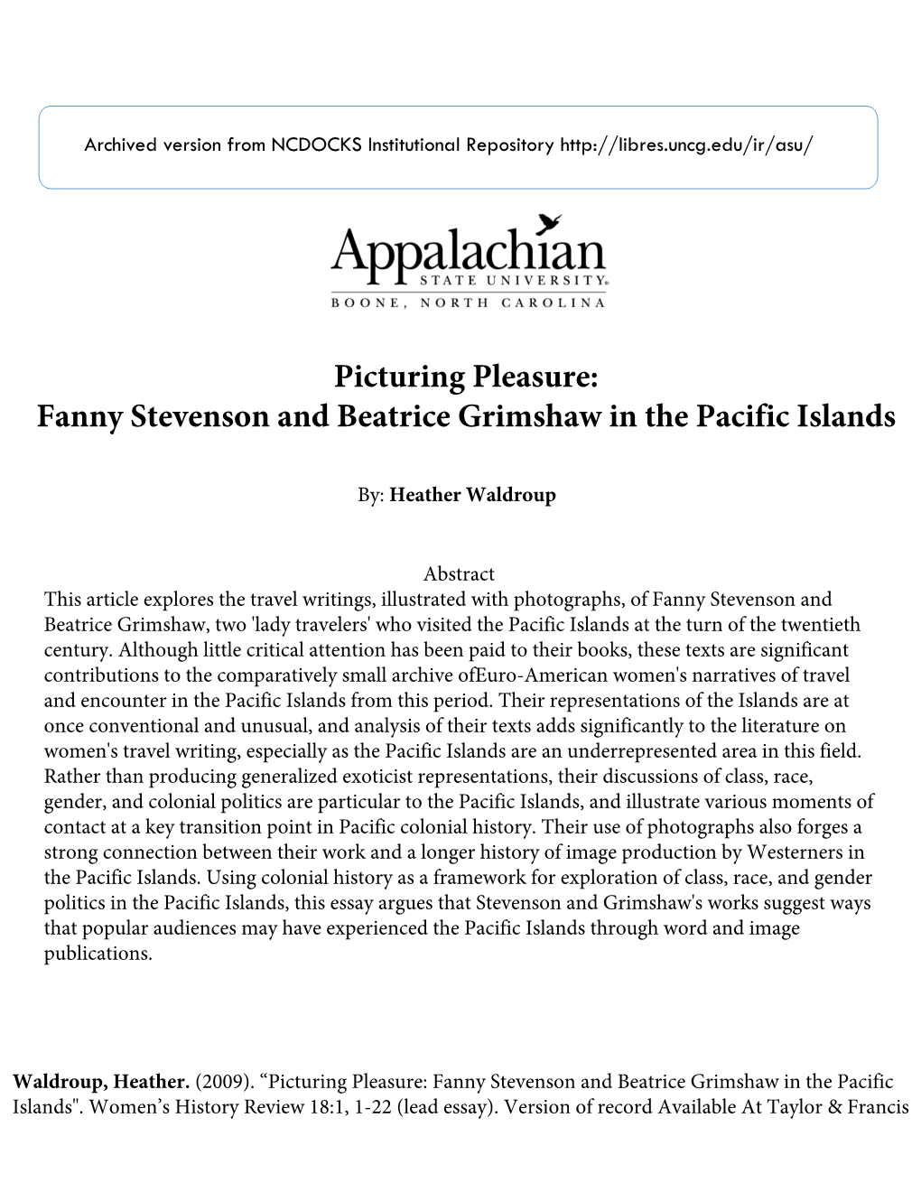 Picturing Pleasure: Fanny Stevenson and Beatrice Grimshaw in the Pacific Islands