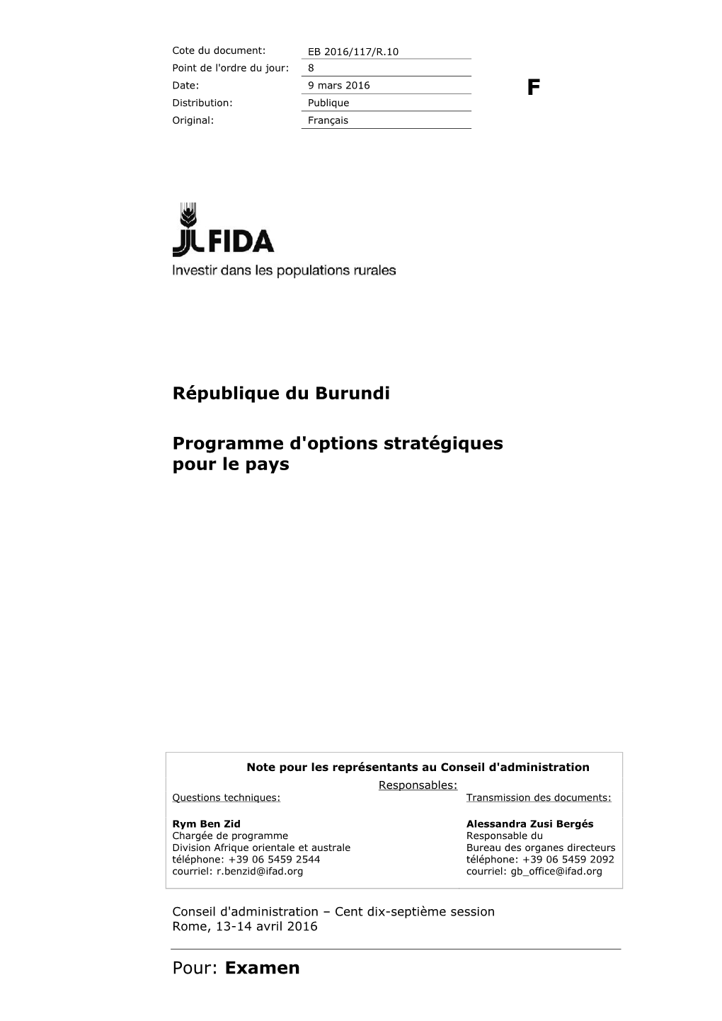 République Du Burundi Programme D'options Stratégiques Pour Le Pays