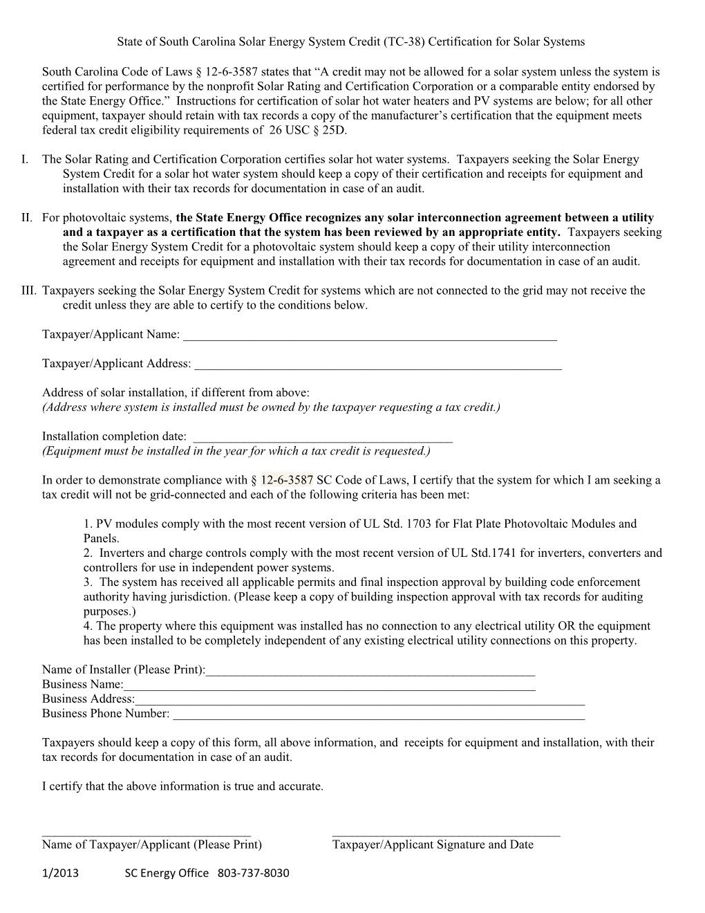 State of South Carolina Solar Energy System Credit (TC-38) Certification for Solar Systems