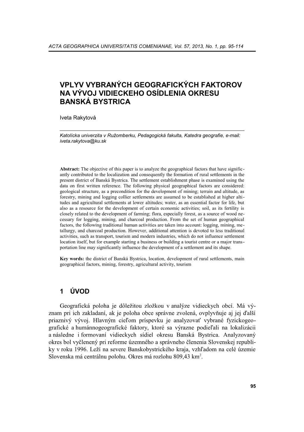 Vplyv Vybraných Geografických Faktorov Na Vývoj Vidieckeho Osídlenia Okresu Banská Bystrica