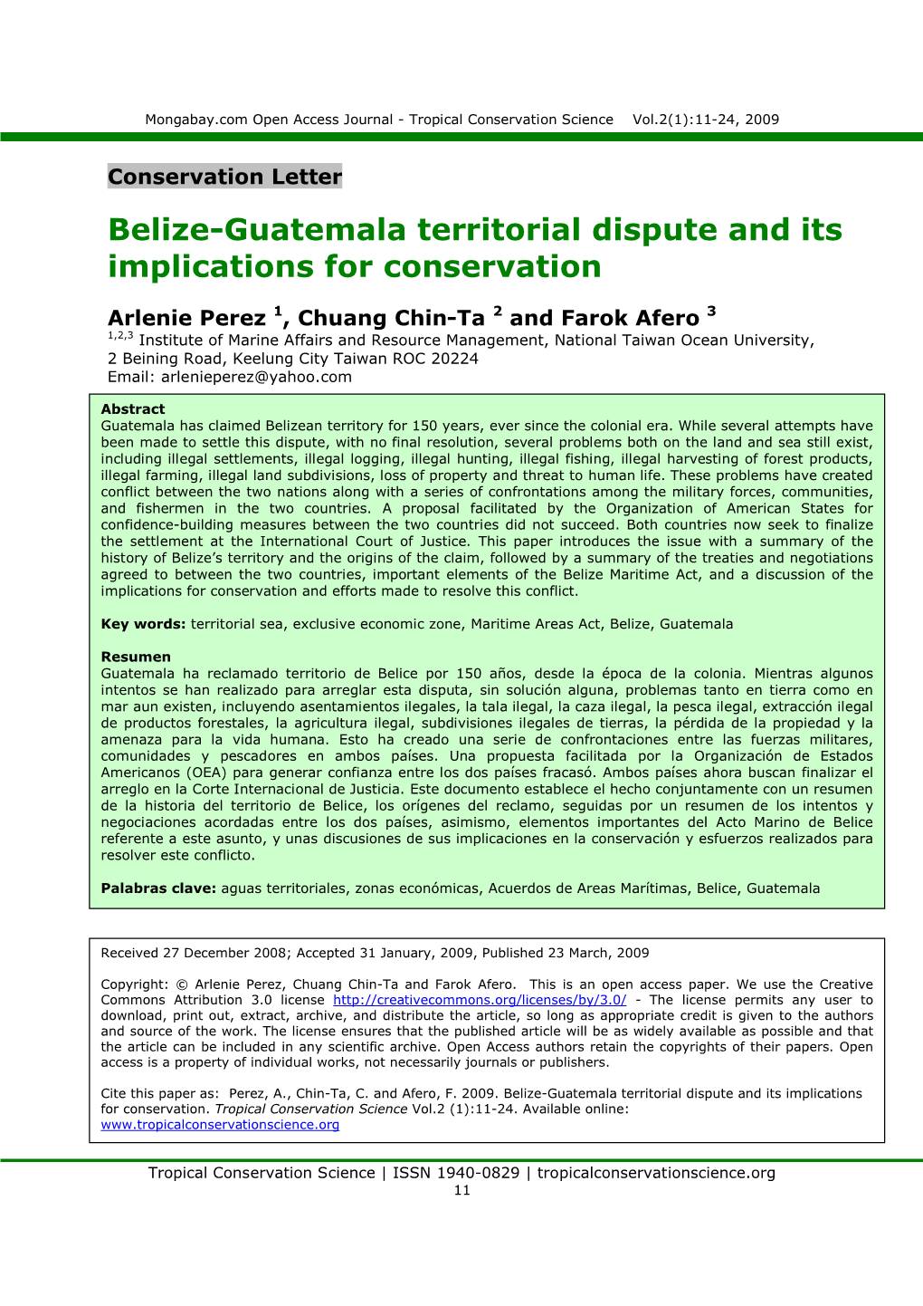 Belize-Guatemala Territorial Dispute and Its Implications for Conservation