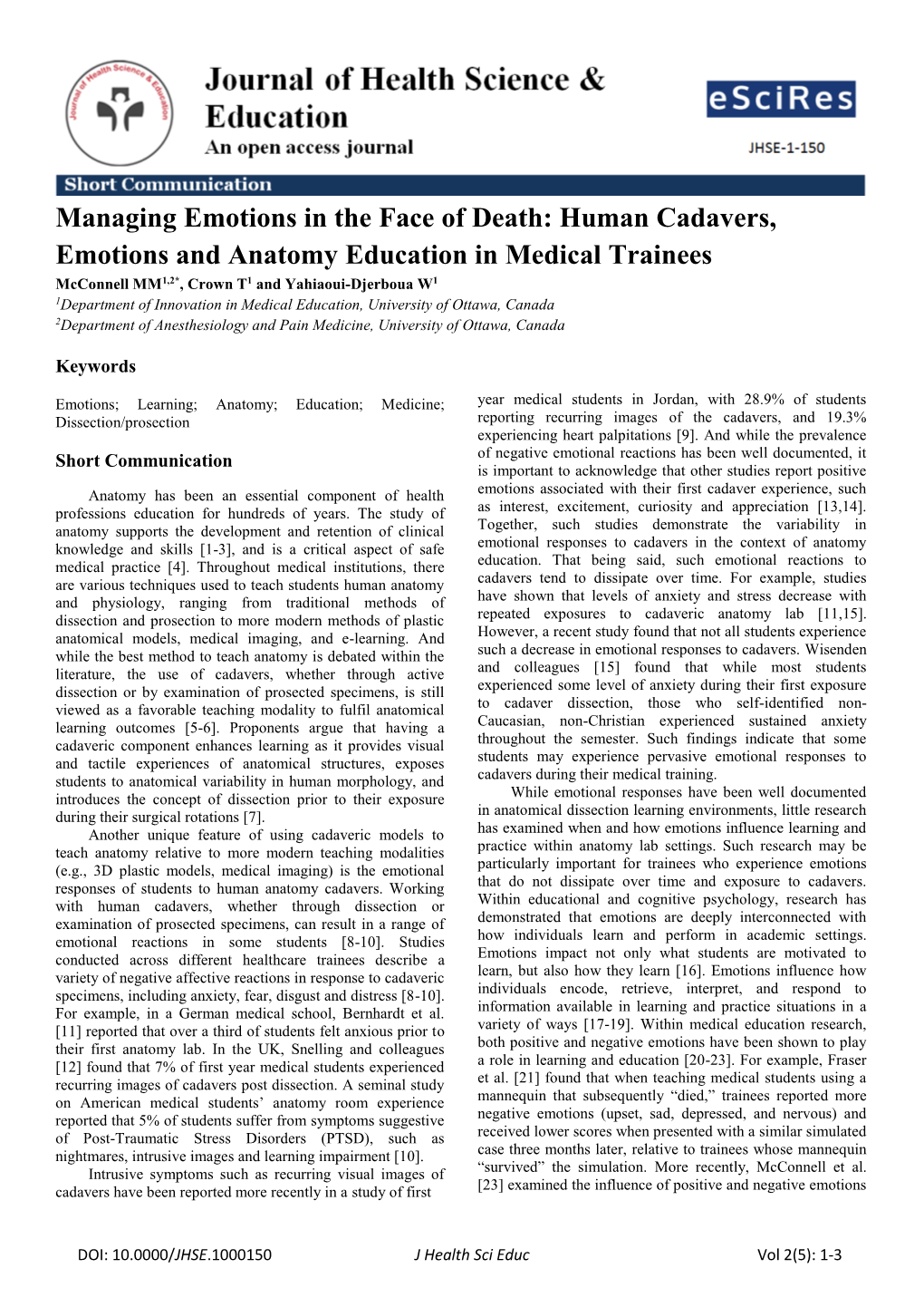 Managing Emotions in the Face of Death: Human Cadavers, Emotions and Anatomy Education in Medical Trainees