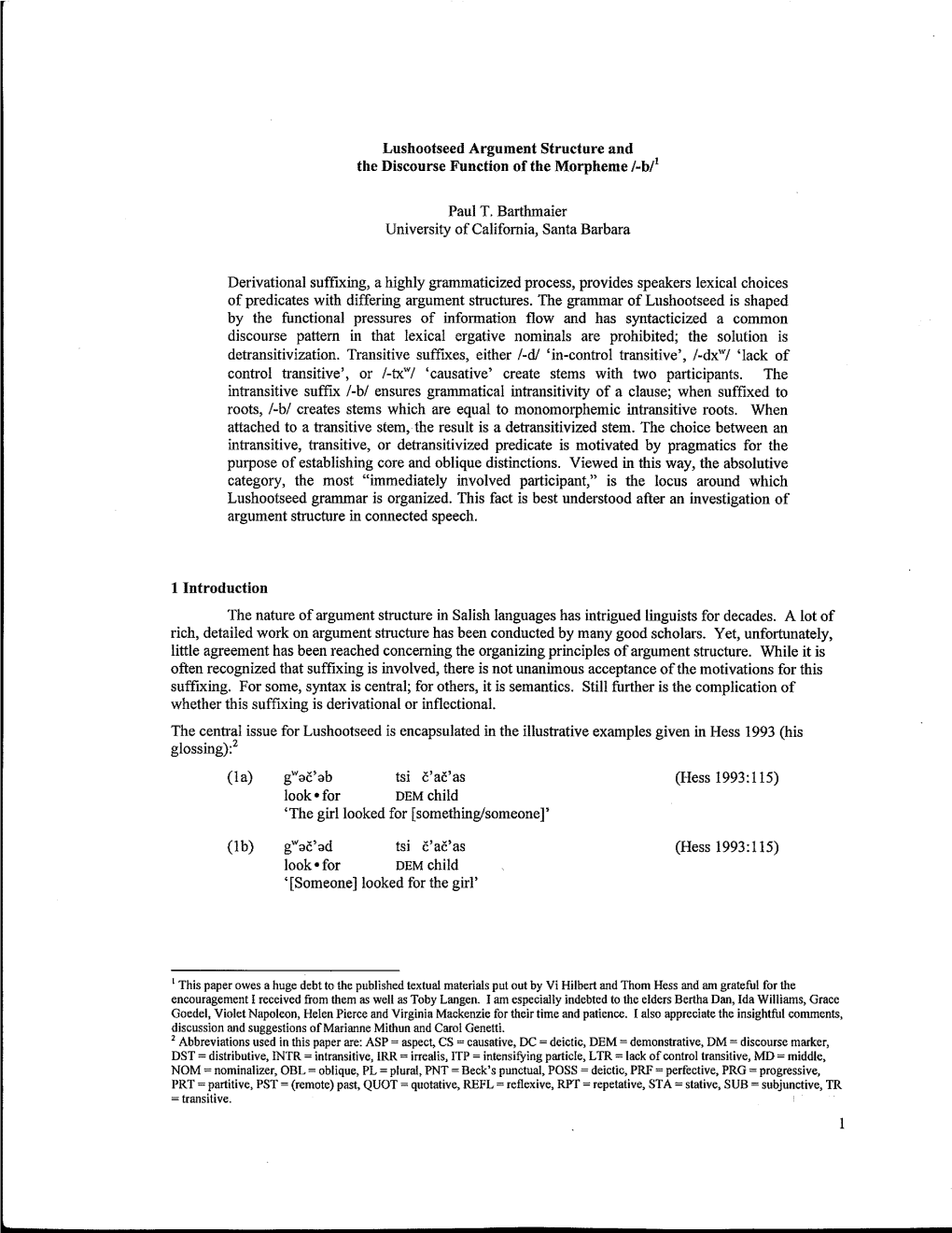 Lushootseed Argument Structure and the Discourse Function of the Morpheme I-Bl