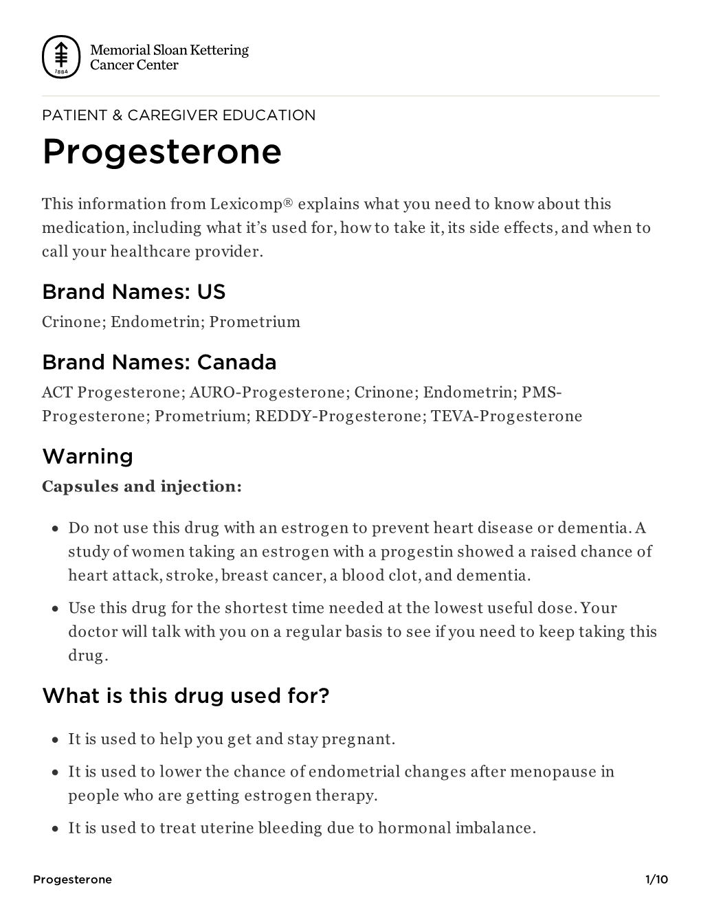 Progesterone | Memorial Sloan Kettering Cancer Center