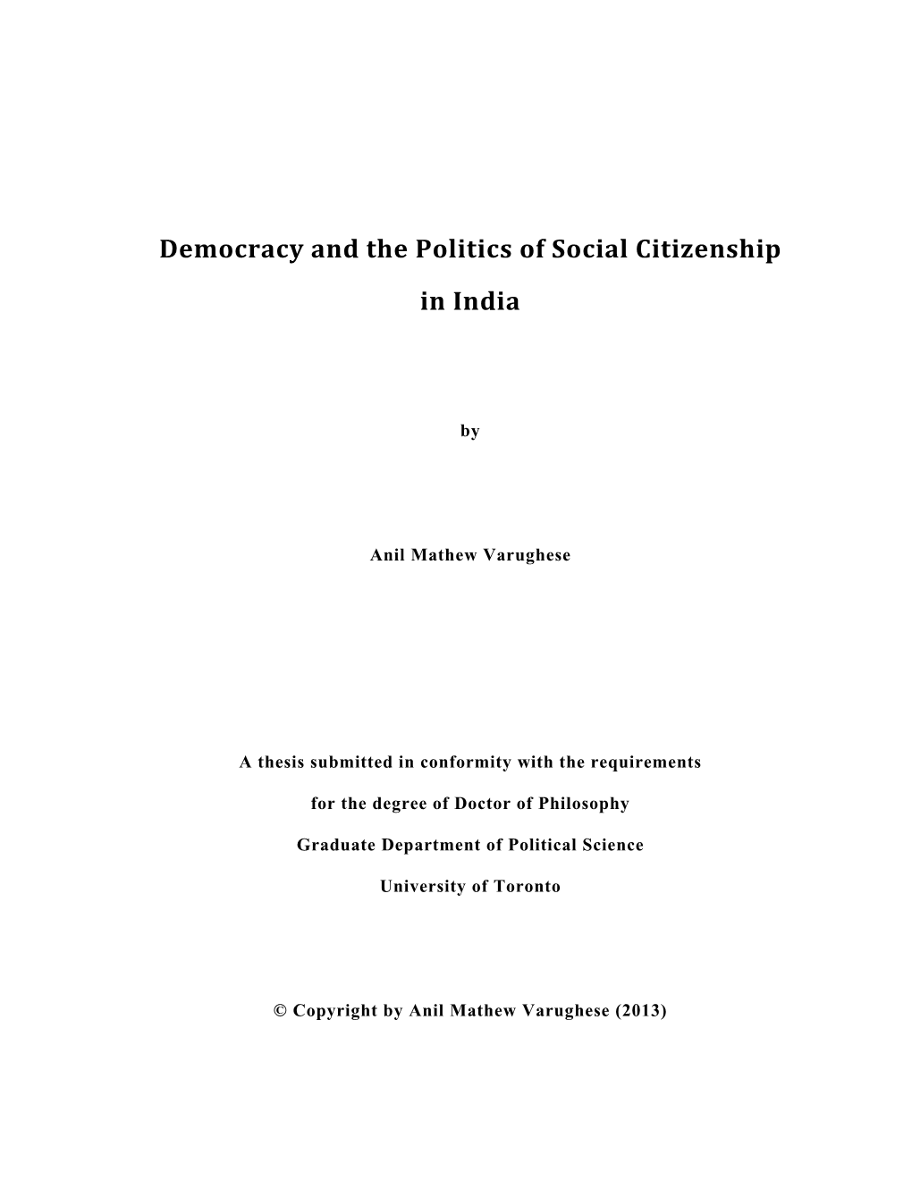 Democracy and the Politics of Social Citizenship in India