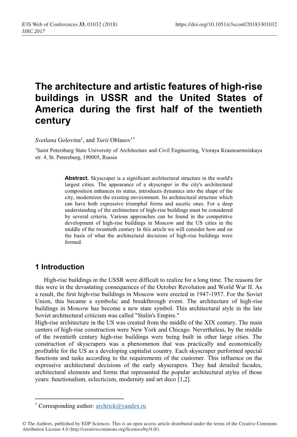 The Architecture and Artistic Features of High-Rise Buildings in USSR and the United States of America During the First Half of the Twentieth Century