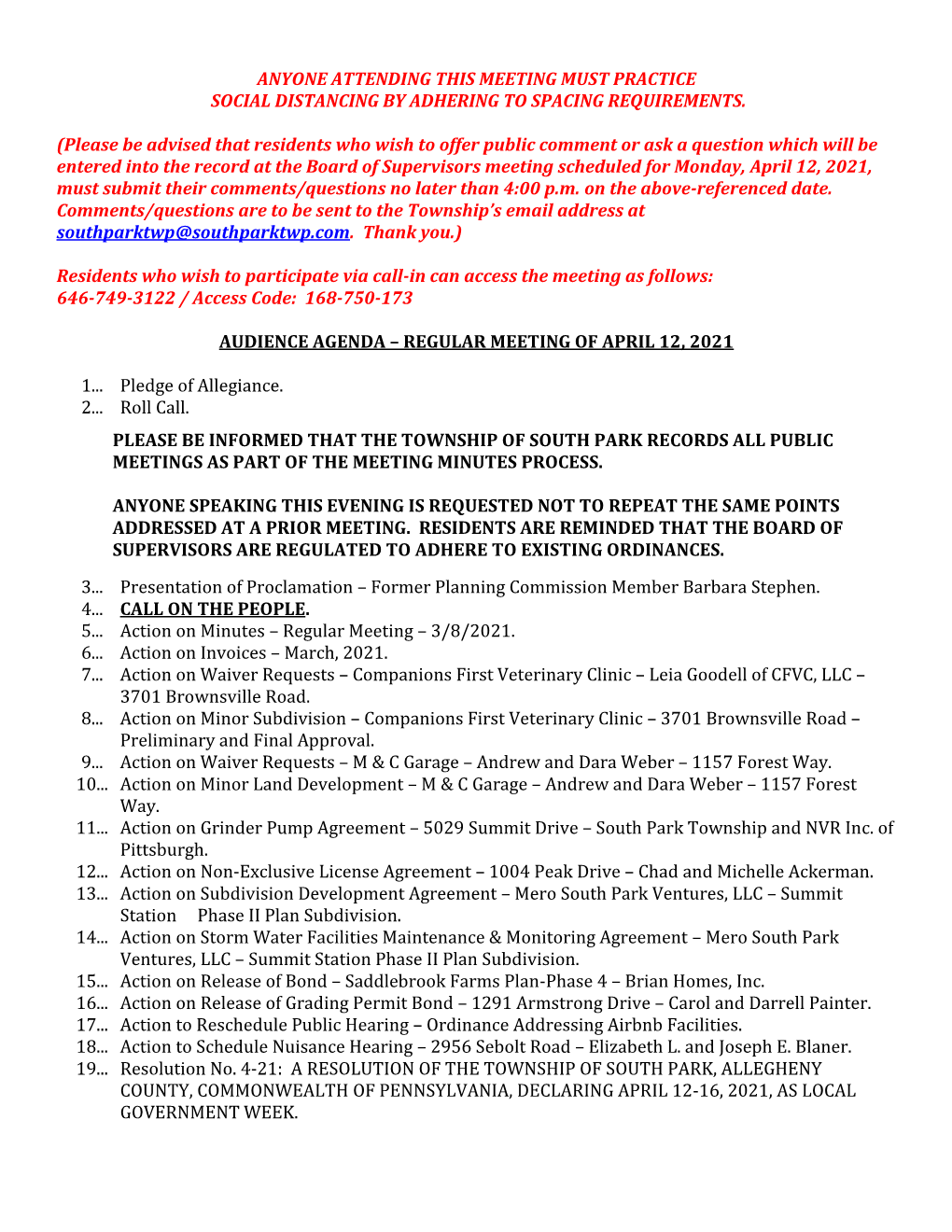 Regular Meeting Agenda, April 12, 2021