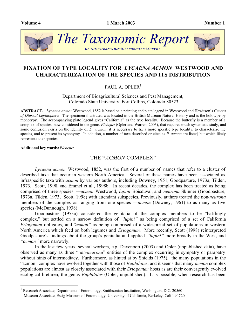 Fixation of Type Locality for Lycaena Acmon Westwood and Characterization of the Species and Its Distribution