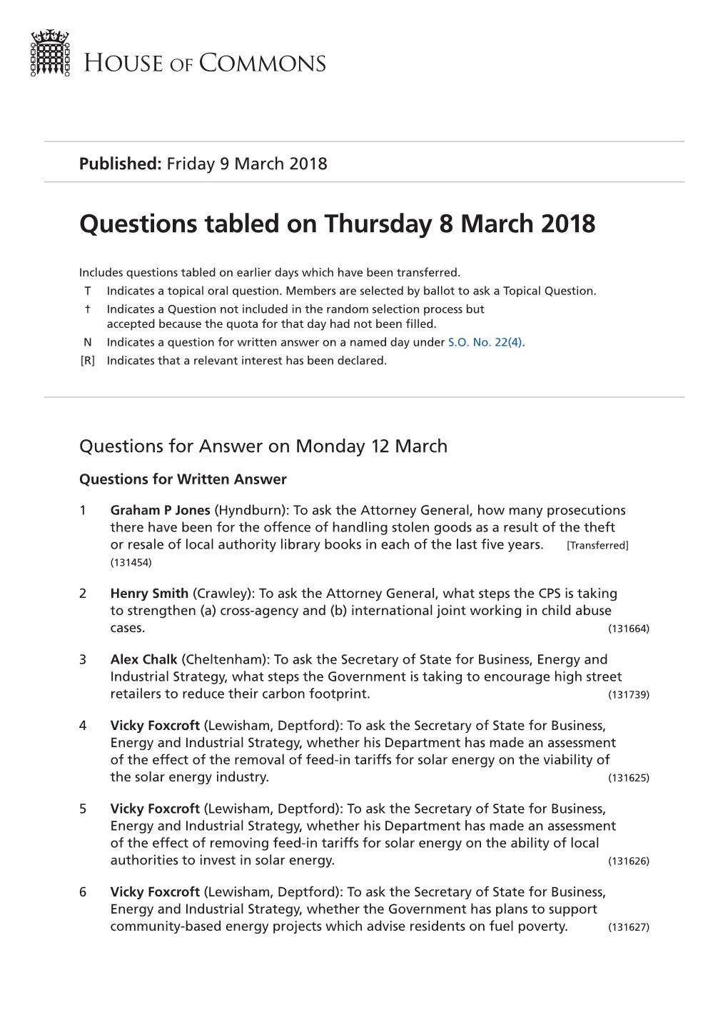 Questions Tabled on Thu 8 Mar 2018