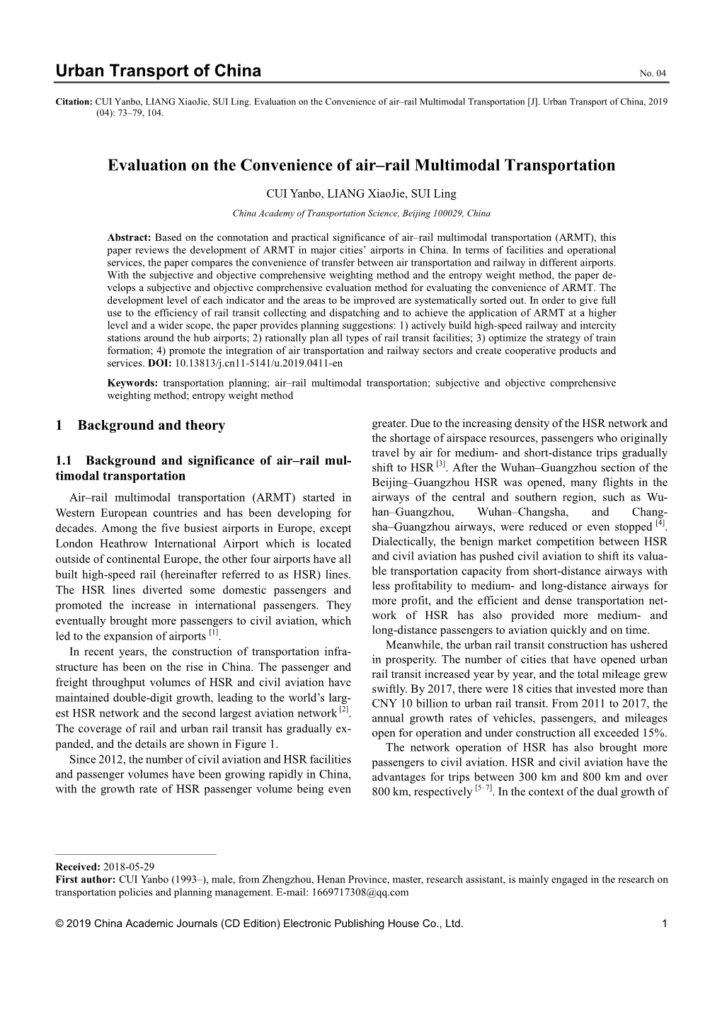 Urban Transport of China Evaluation on the Convenience of Air–Rail