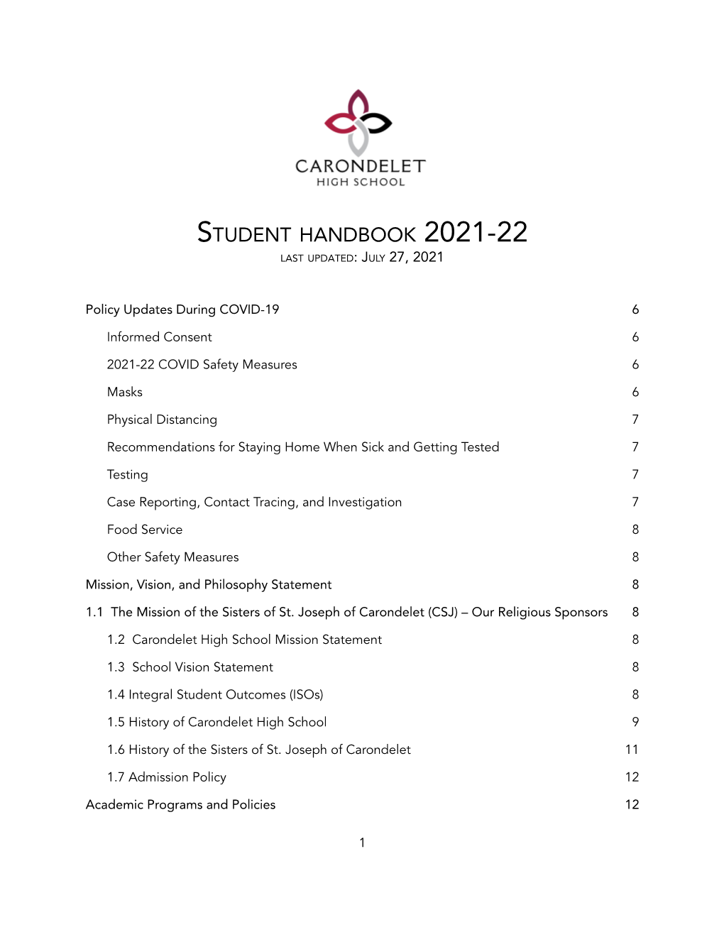 2021-22 Student Handbook W/ COVID UPDATE