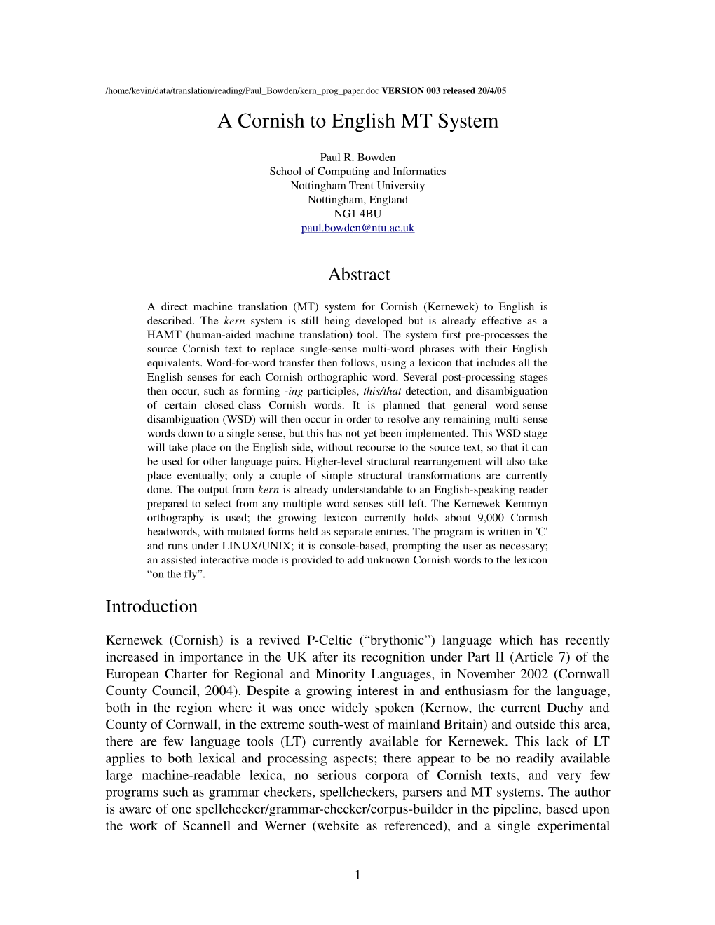 A Cornish to English MT System