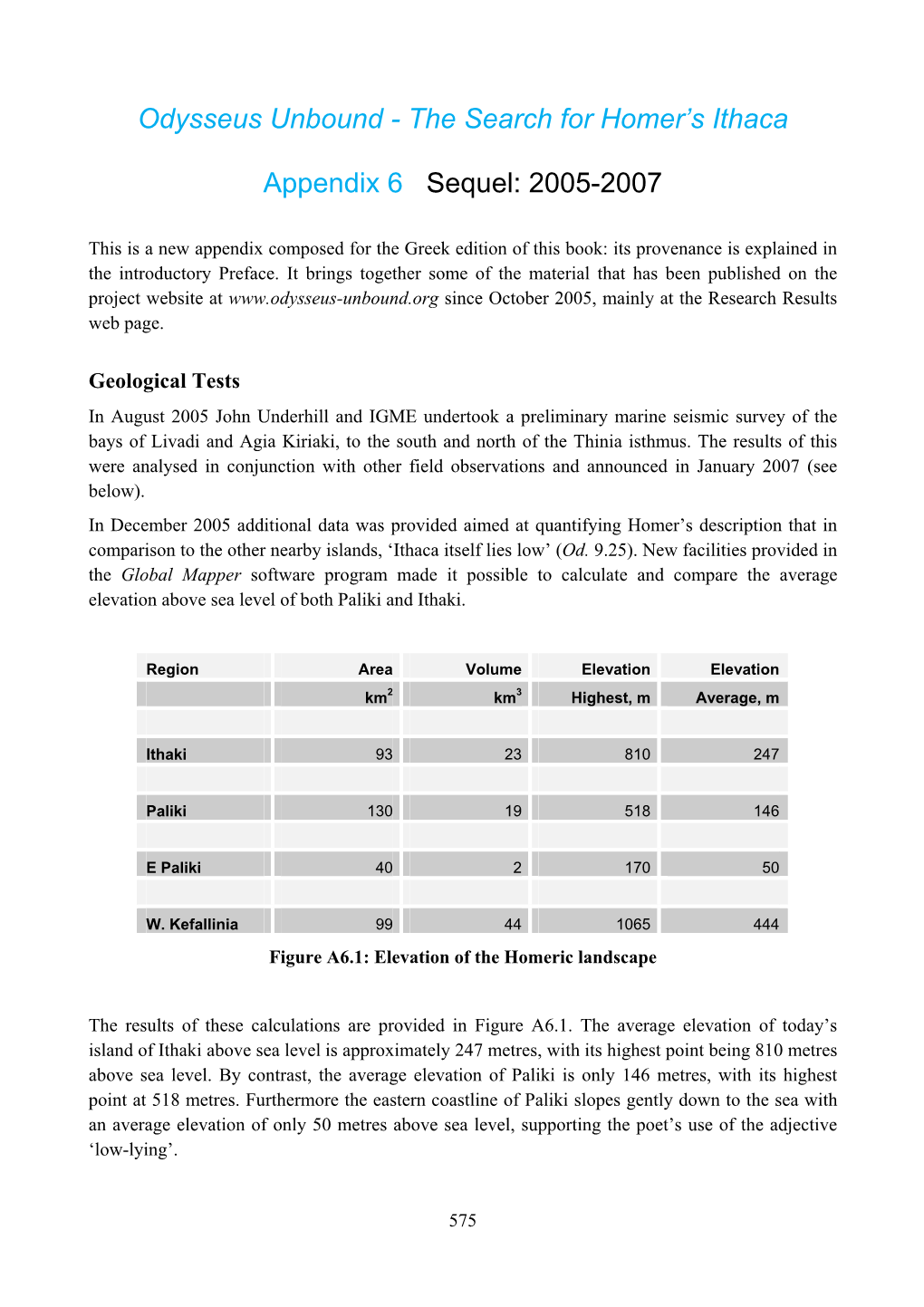 The Search for Homer's Ithaca Appendix 6 Sequel: 2005-2007