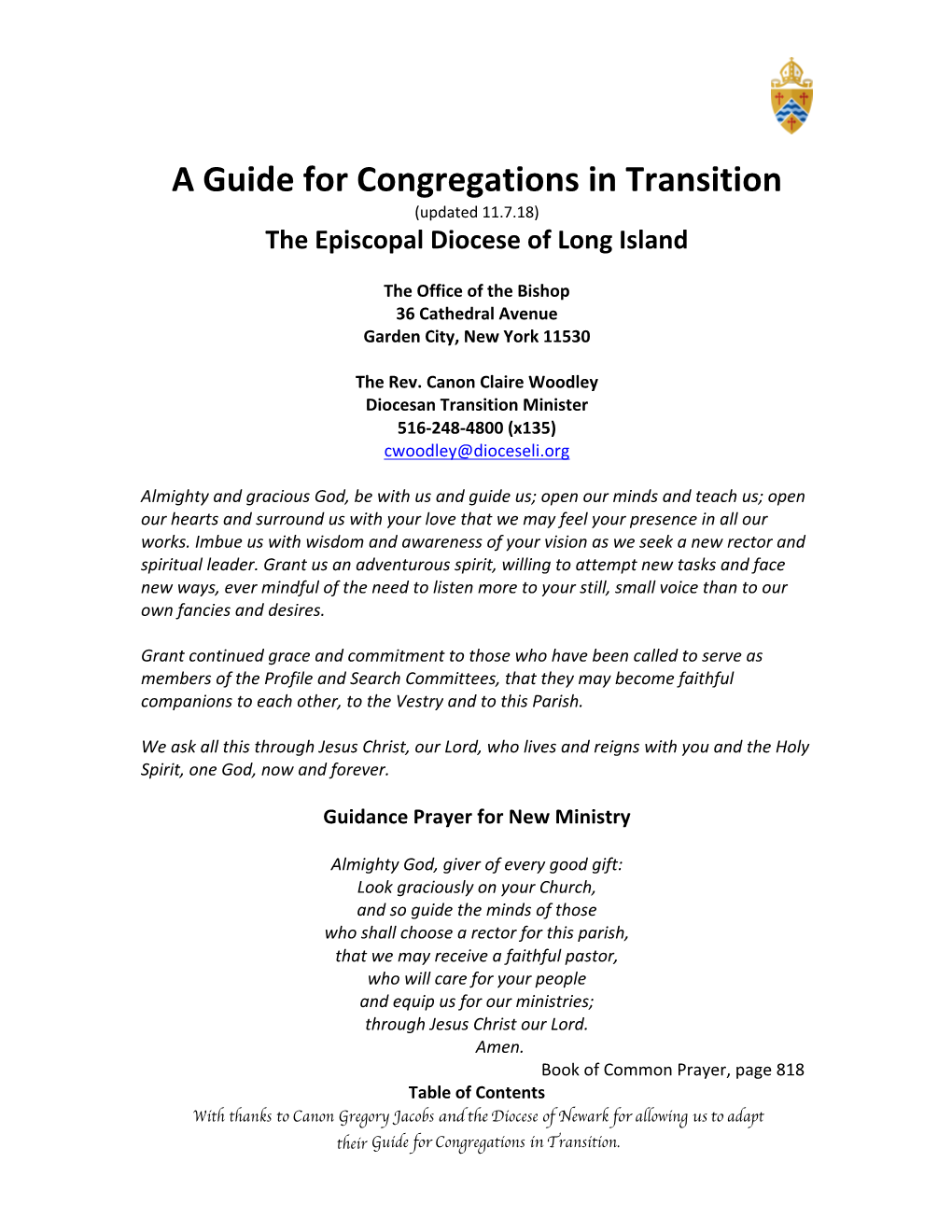 A Guide for Congregations in Transition (Updated 11.7.18) the Episcopal Diocese of Long Island