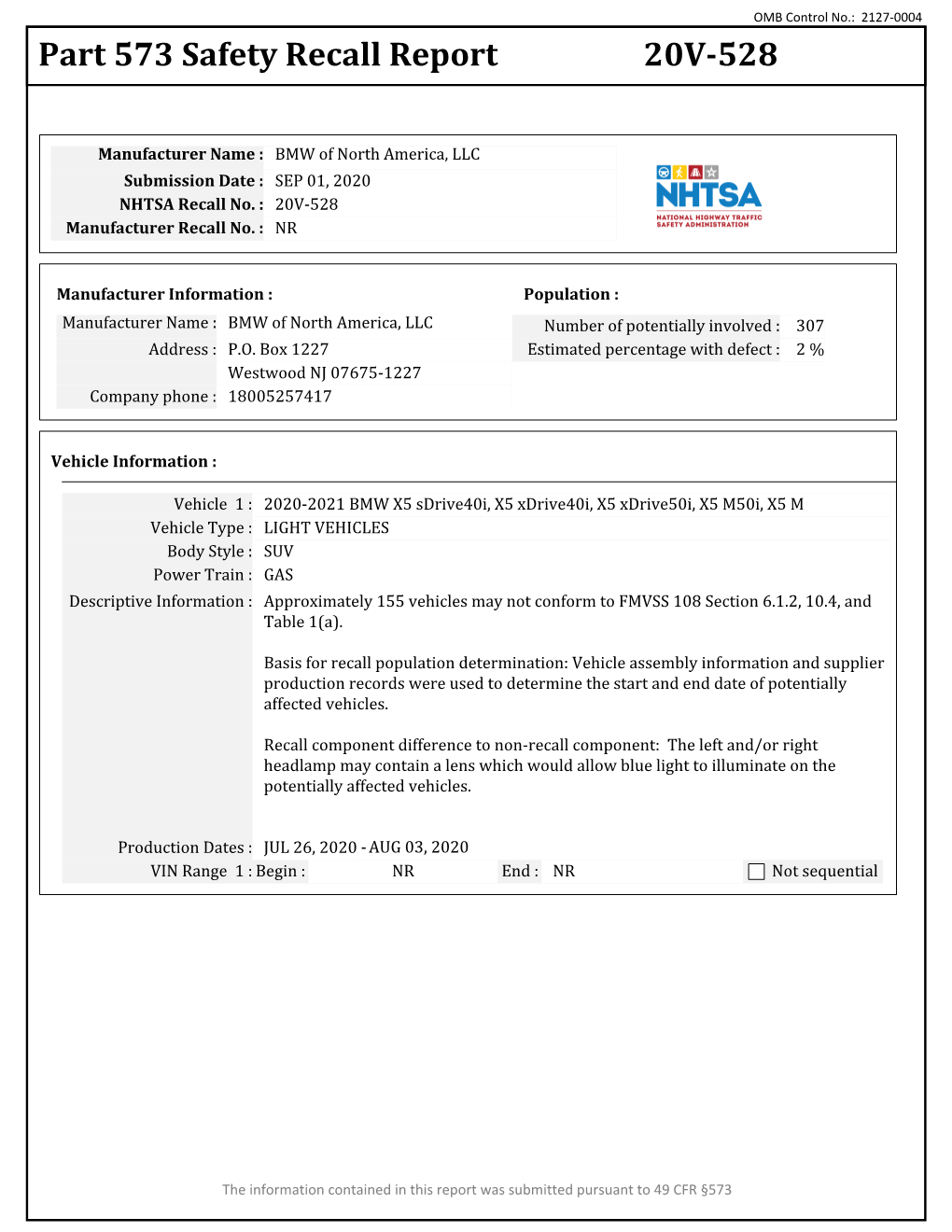 Part 573 Safety Recall Report 20V-528